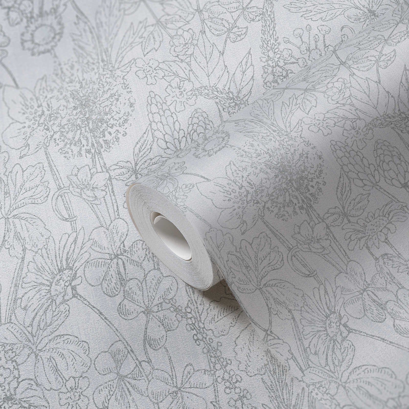             Papier peint fleuri style botanique avec aspect lin - Gris
        