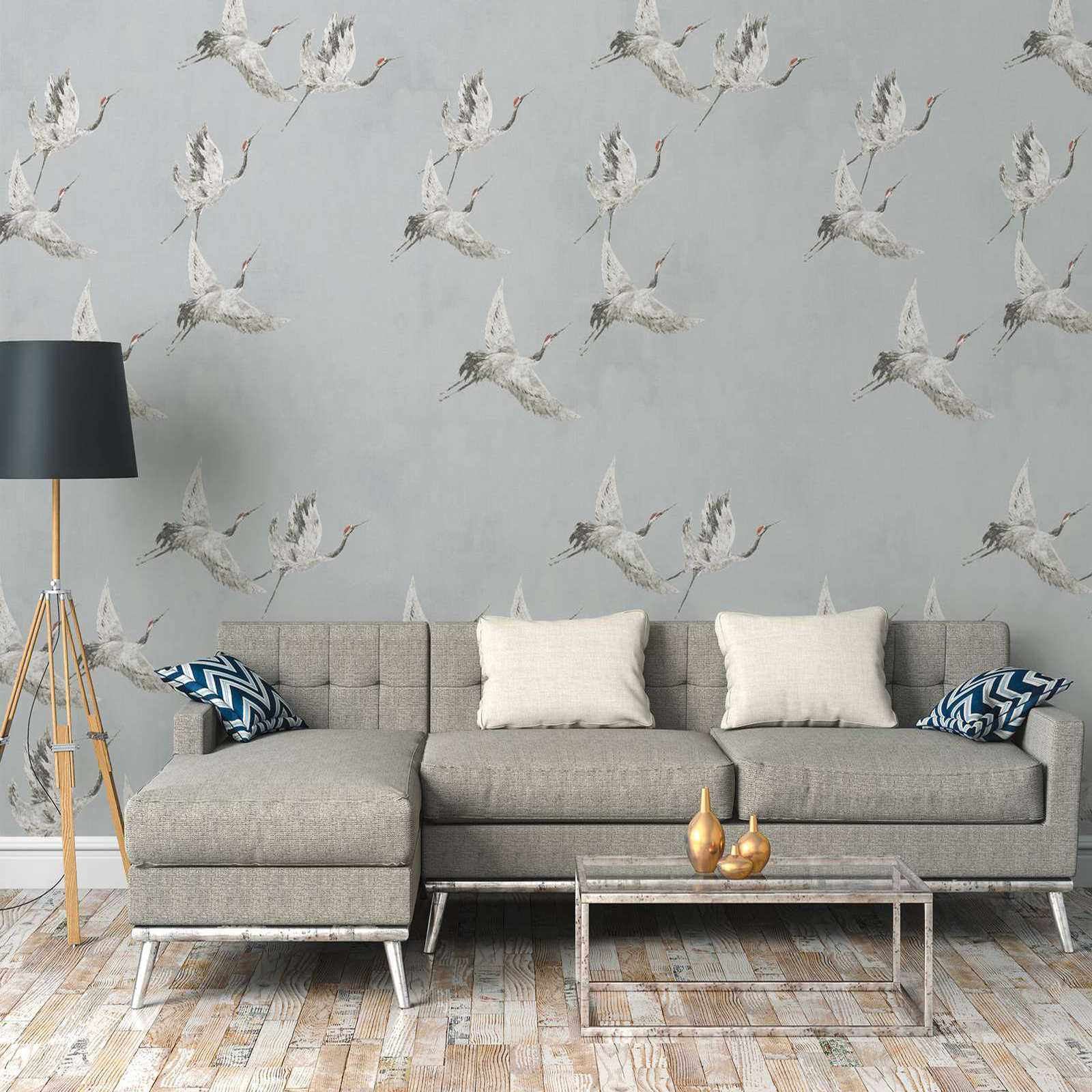 Exclusive non-woven wallpaper with crane motif - grey, white
