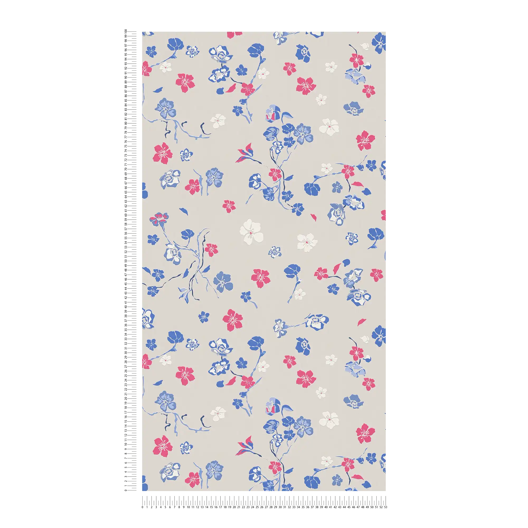             Carta da parati in tessuto non tessuto con motivo floreale giocoso - grigio chiaro, blu, rosa
        