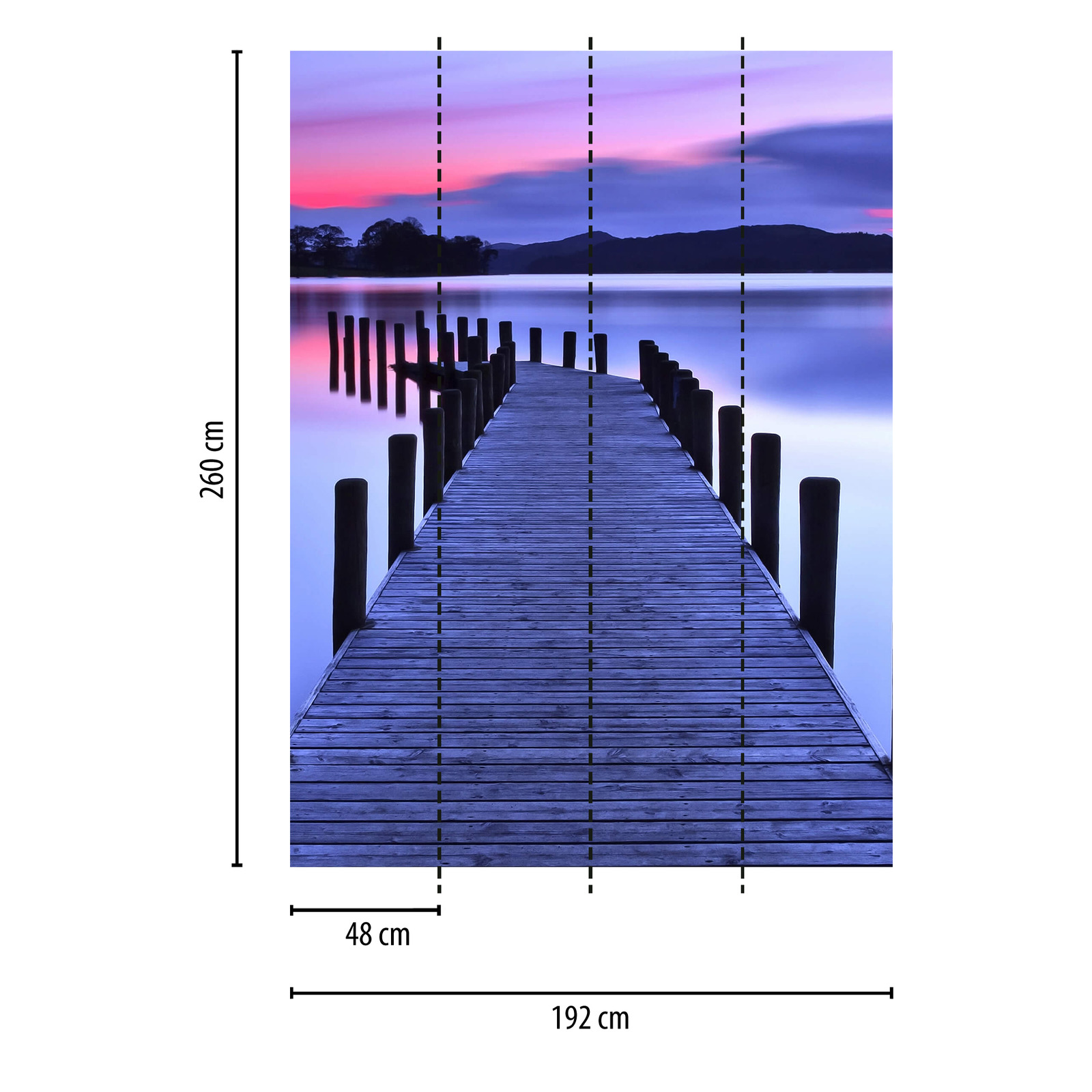             narrow photo wallpaper with bridge on the lake - purple, pink
        