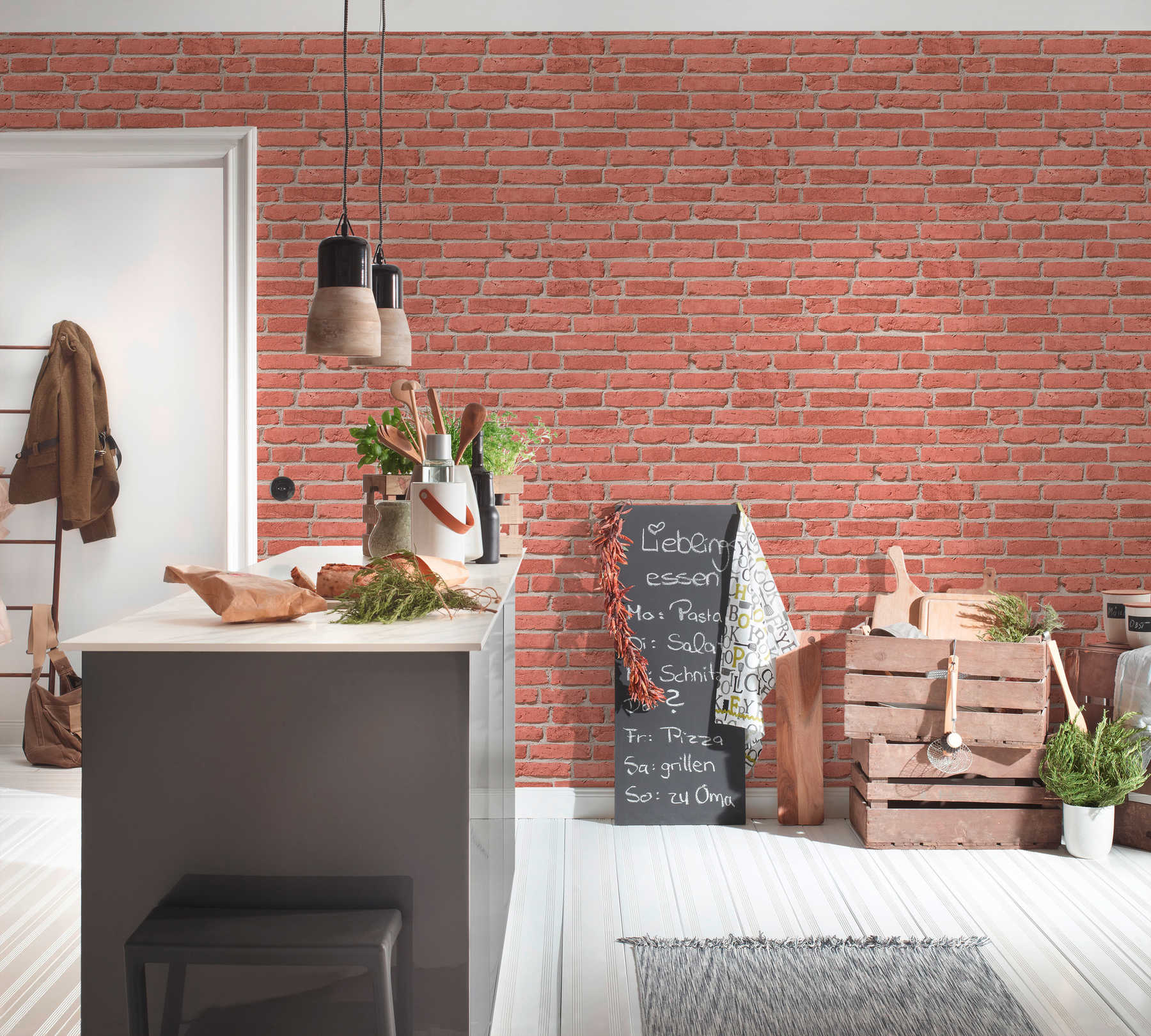             Stone wallpaper classic brick wall design & 3D effect - red, beige
        