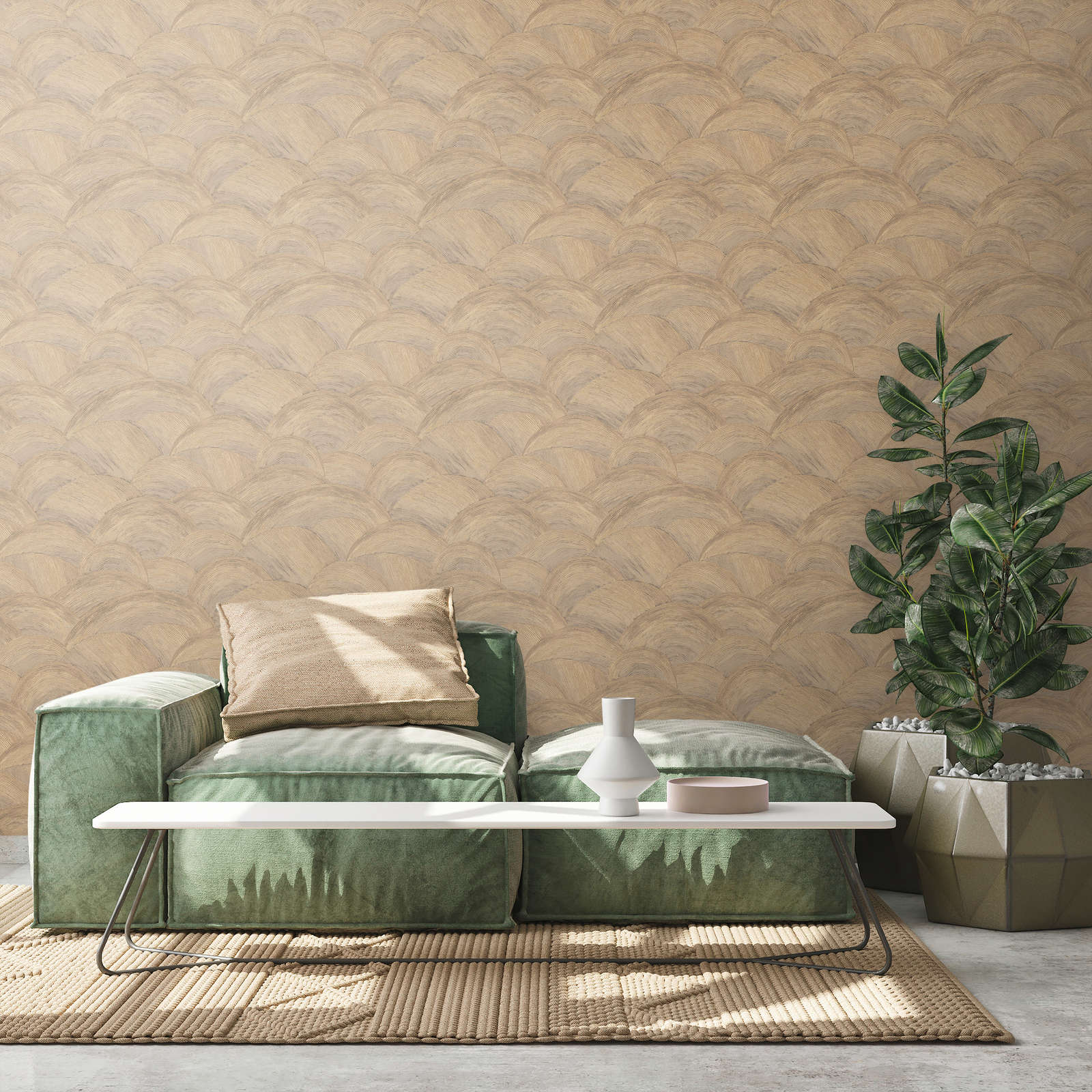             Non-woven wallpaper with shiny wave pattern - beige, brown, gold
        