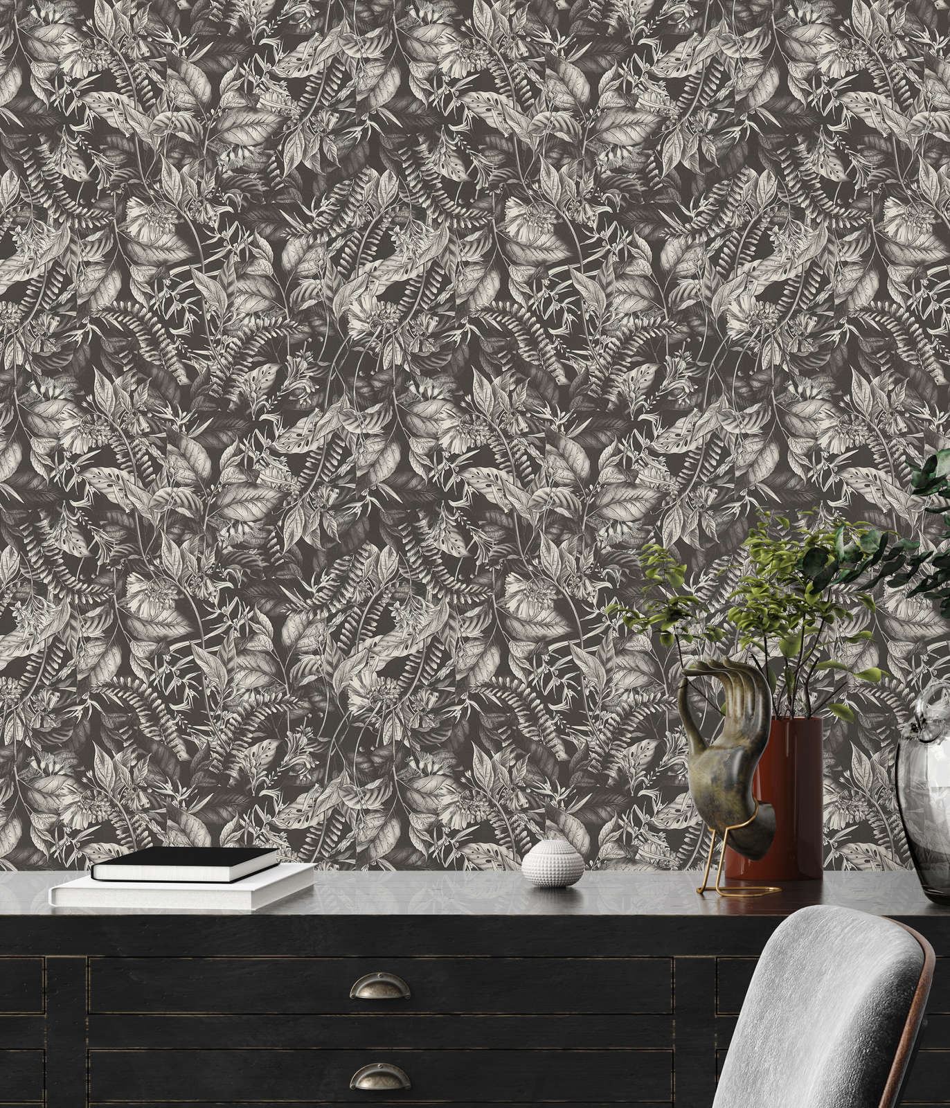             wallpaper floral with leaves & flowers textured matt - black, white
        