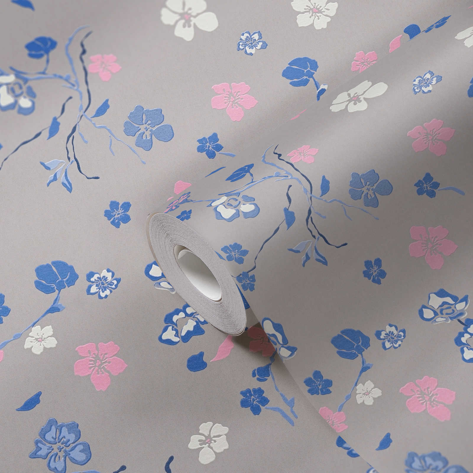             Floral pattern wallpaper with glossy effect - grey, blue, pink
        