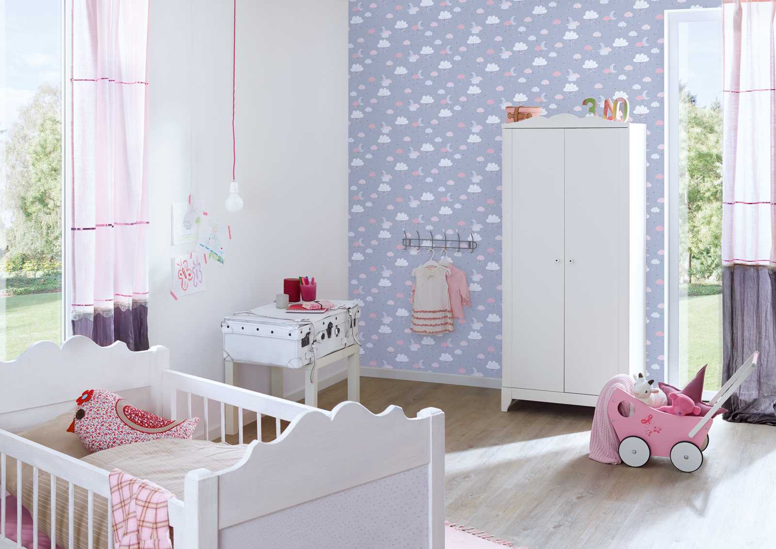             Papel pintado de habitación infantil niñas cielo nocturno - gris, rosa, beige
        