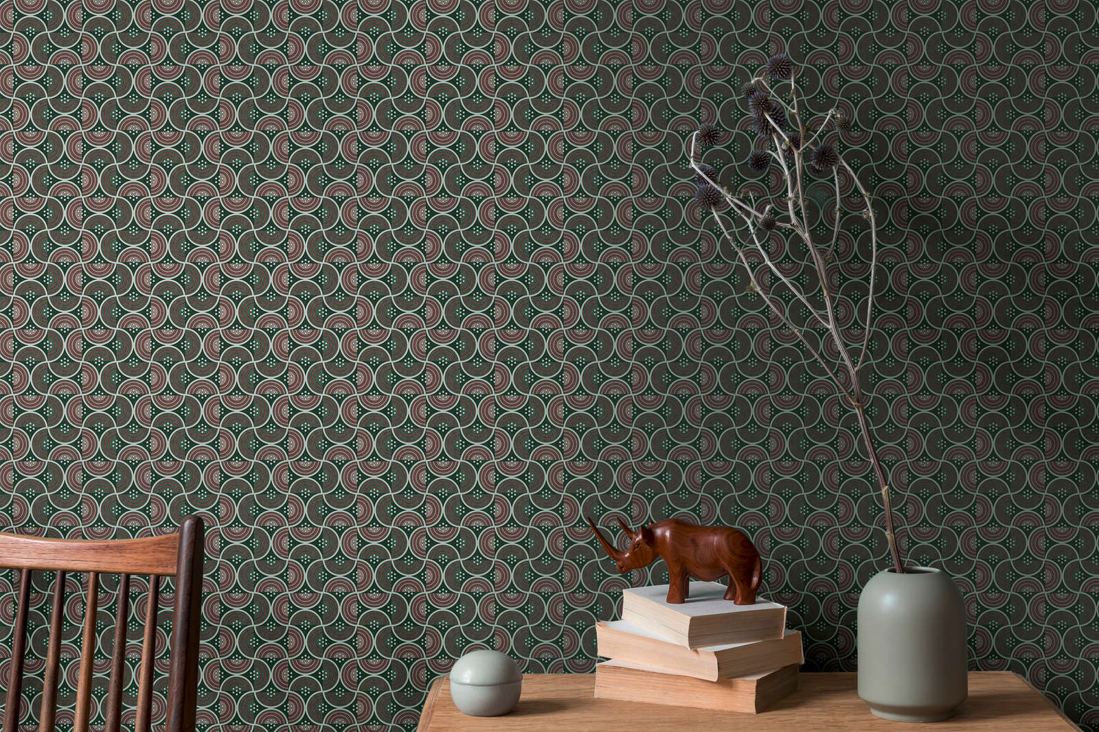             Non-woven wallpaper with dots and semicircles geometric pattern - red, green, black
        
