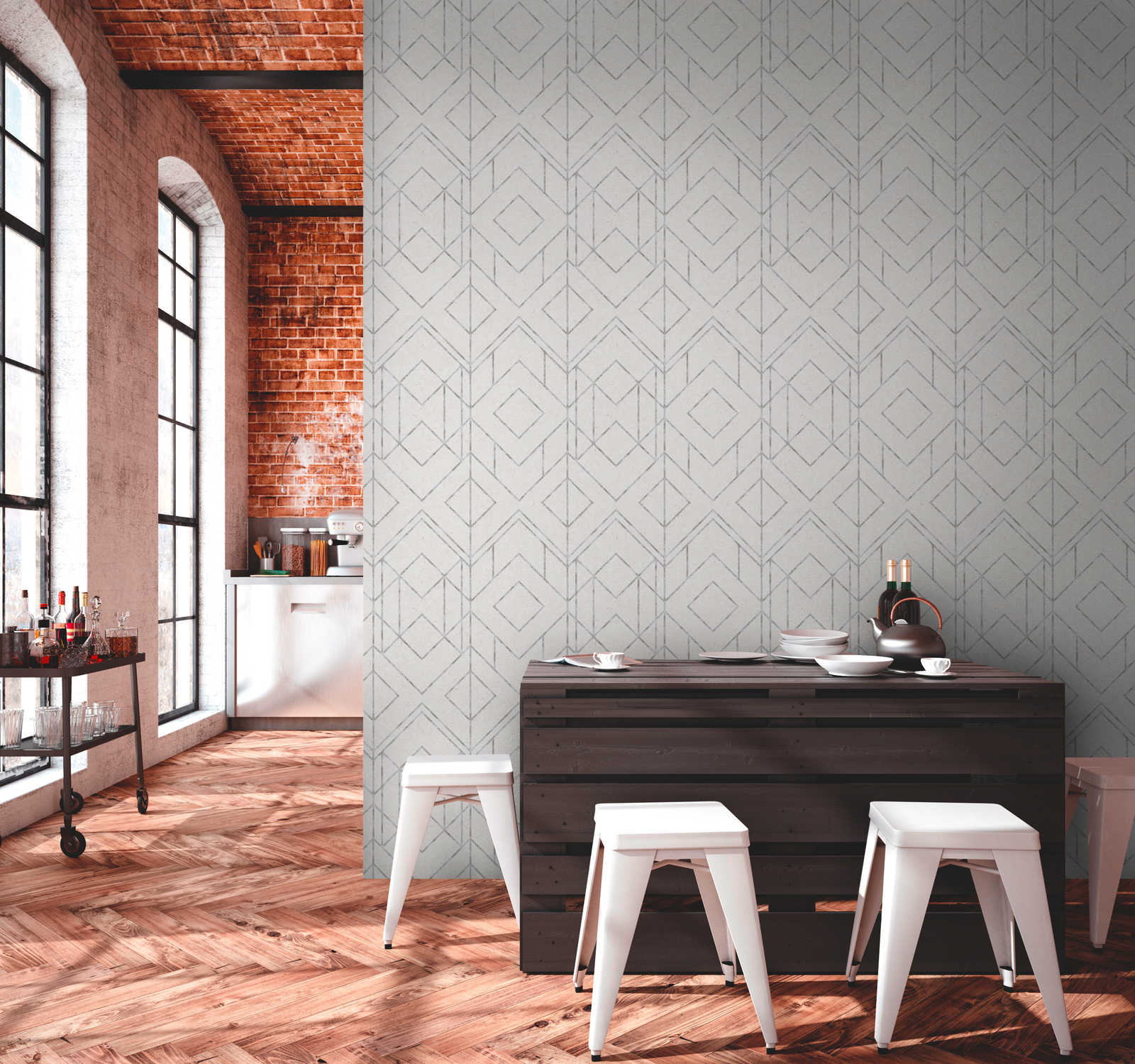             Graphic pattern wallpaper with metallic accents - grey, metallic, white
        