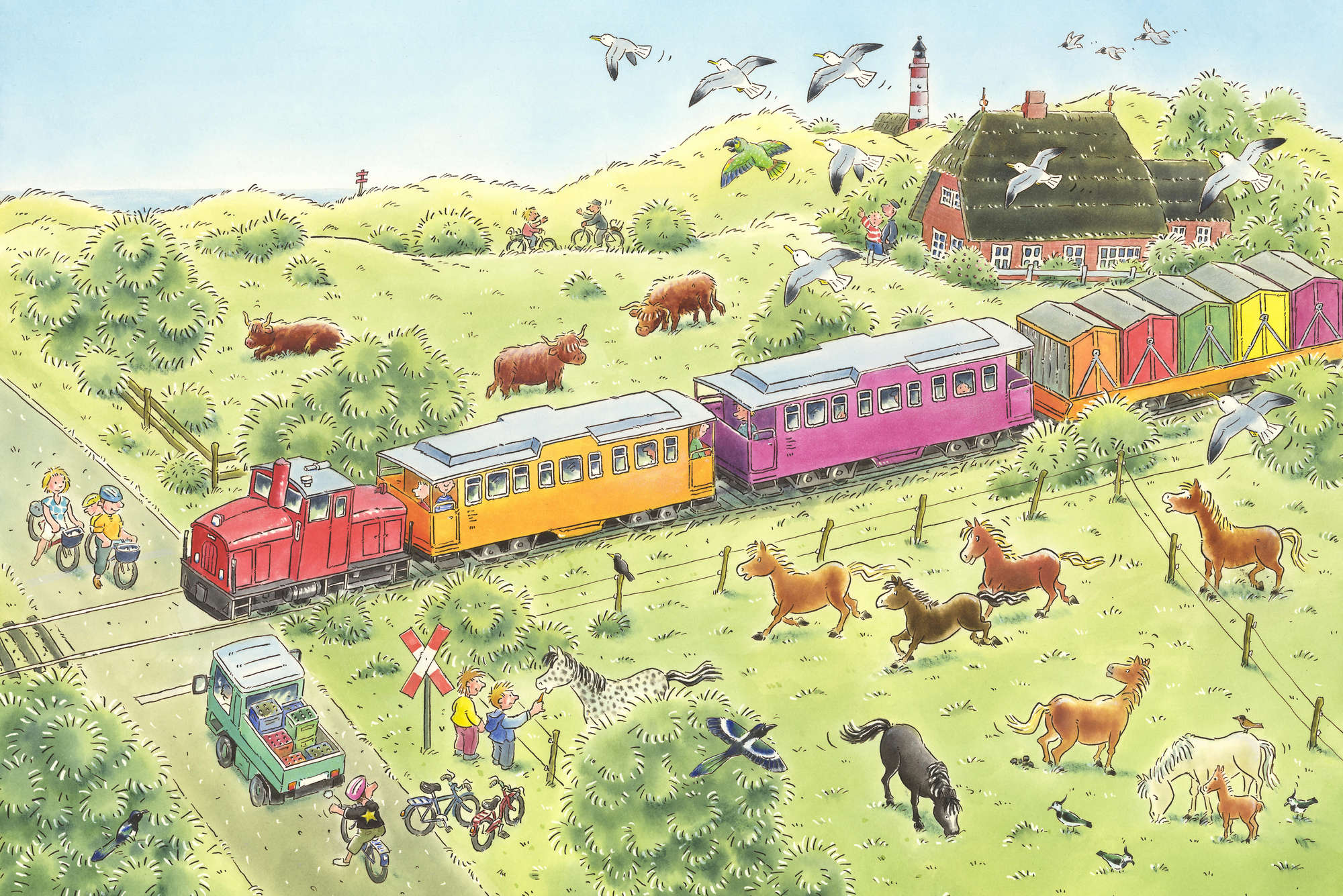            Papel pintado infantil Cruce de ferrocarril con tren y animales sobre vellón texturizado
        