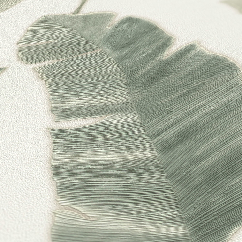             Papier peint intissé avec des feuilles de palmier dans une couleur claire - blanc, vert, bleu
        