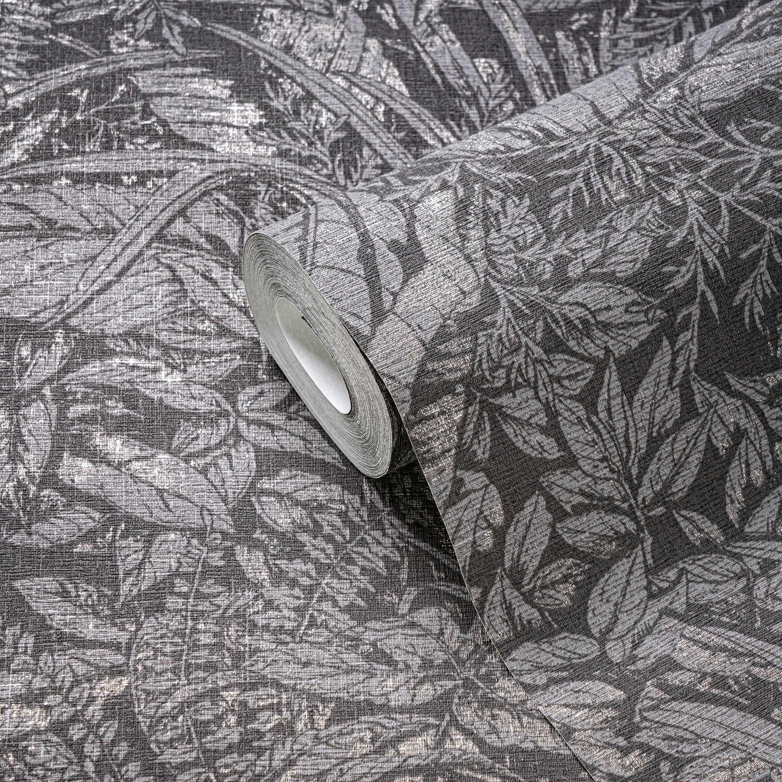            Vliesbehang met bloemenbladmotief - grijs, zwart, zilver
        