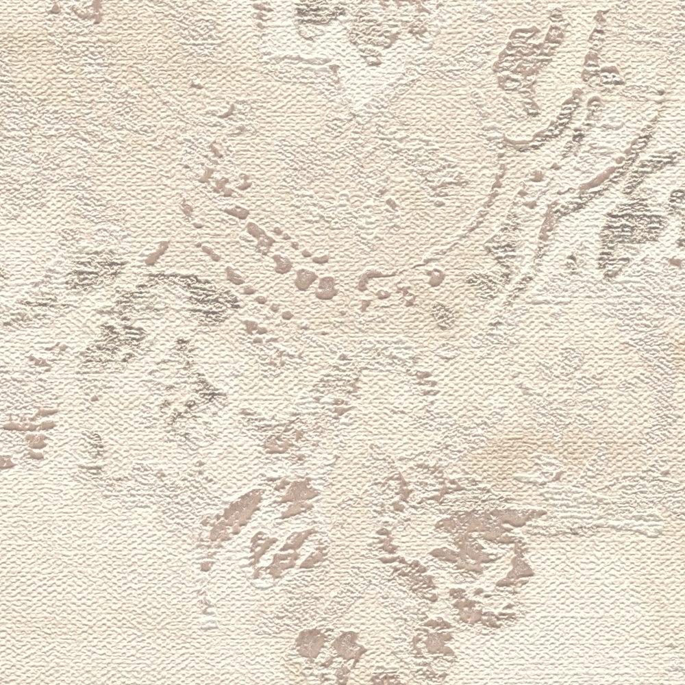             Papel pintado de aspecto textil con motivos ornamentales en aspecto usado - metálico, crema, beige
        