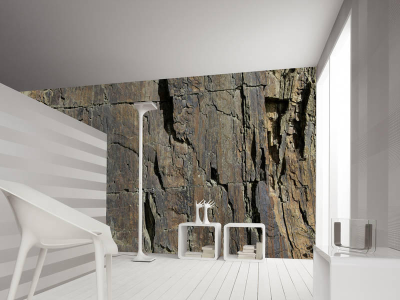             Papier peint panoramique aspect pierre effet 3D, mur en pierre naturelle
        
