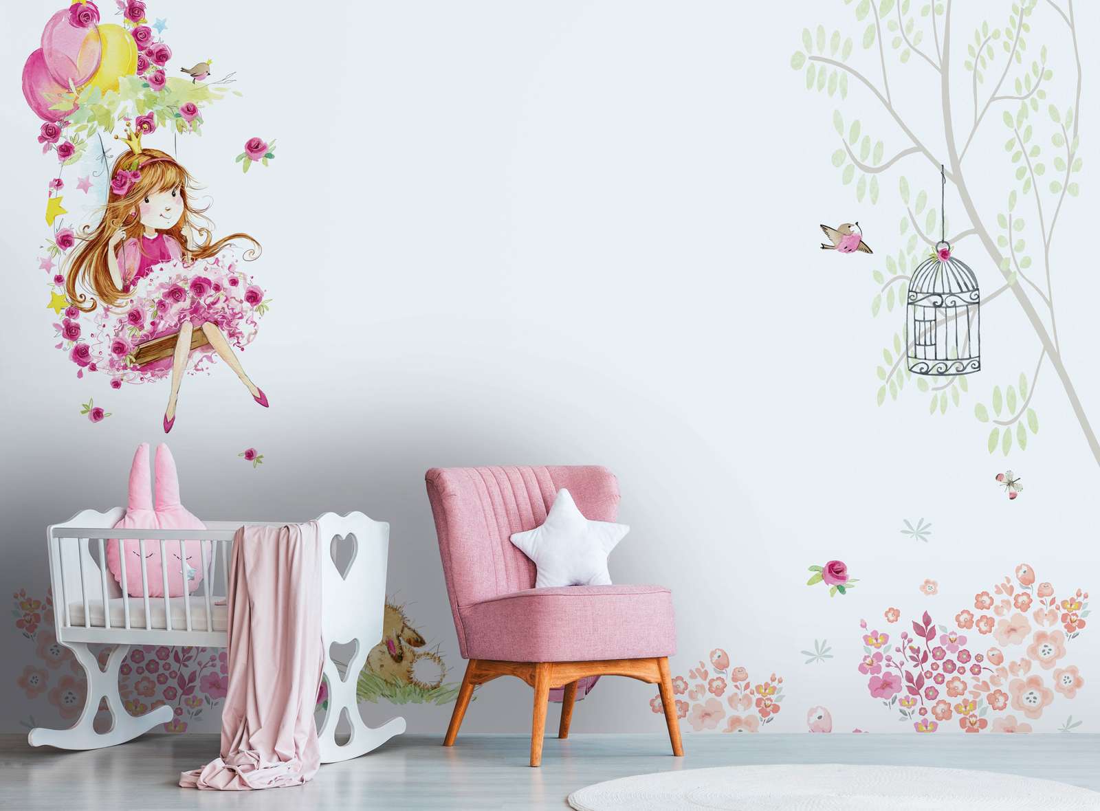             Papier peint panoramique chambre d'enfant avec princesse sur la balançoire et animaux - rose, blanc, vert
        