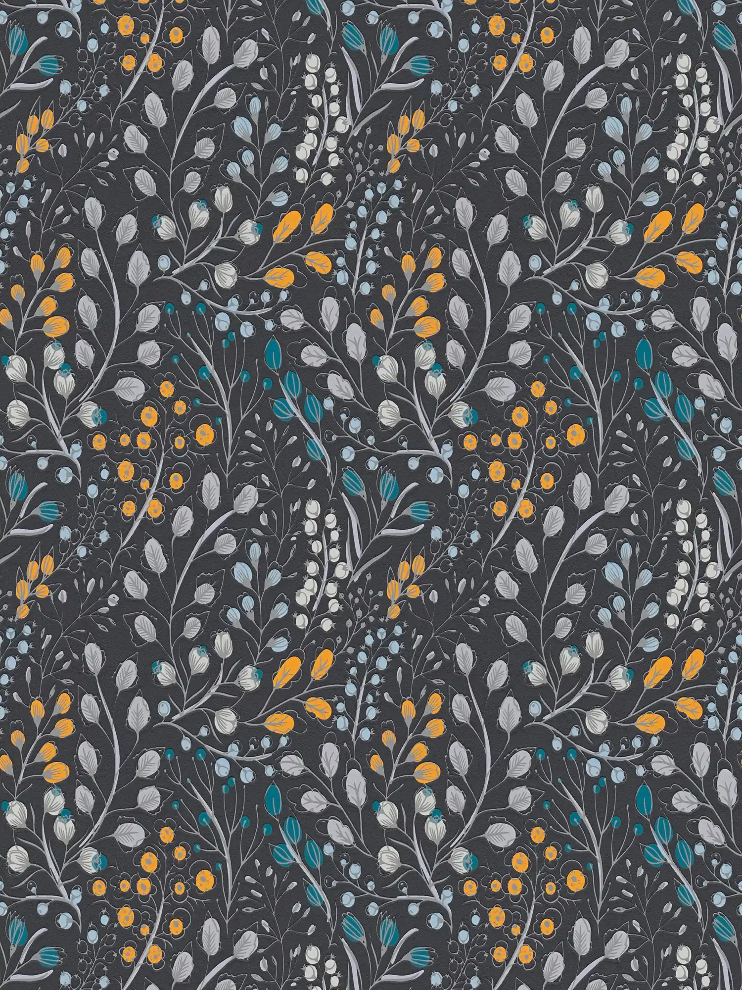 Wallpaper with floral & abstract pattern matt - black, yellow, blue

