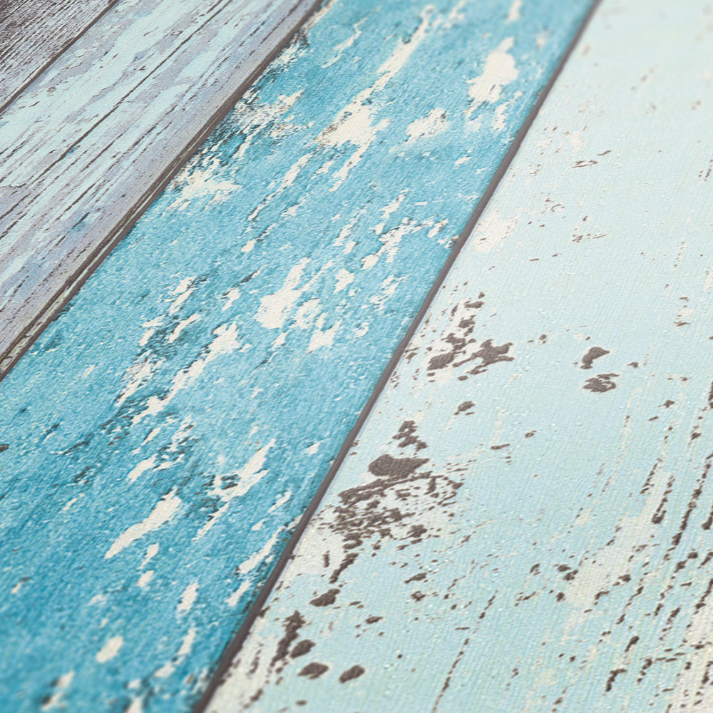             Papel pintado de madera con aspecto usado para el estilo vintage y campestre - azul, verde, blanco
        