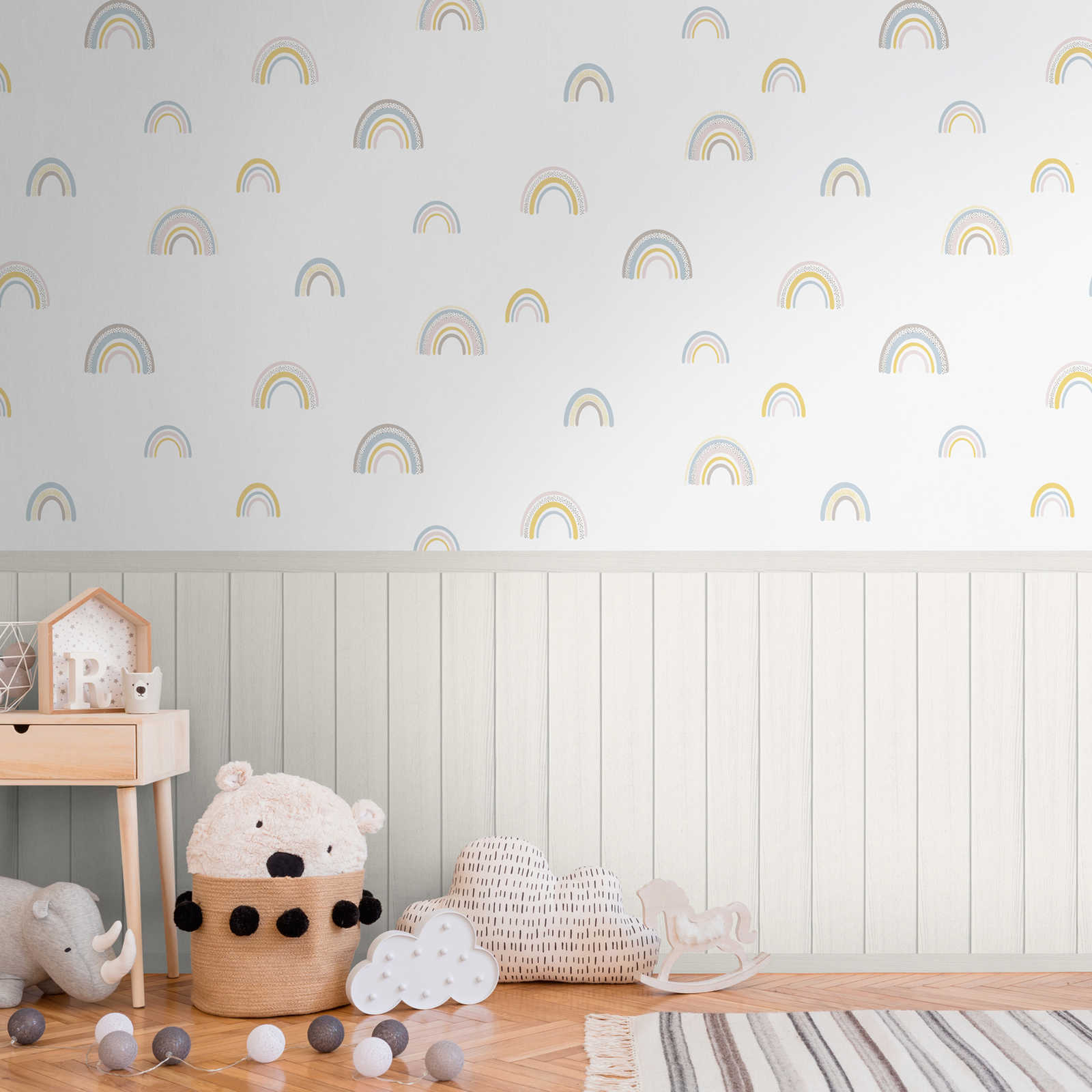 Non-woven motif wallpaper with wood-effect plinth border and rainbow pattern - white, grey, colourful
