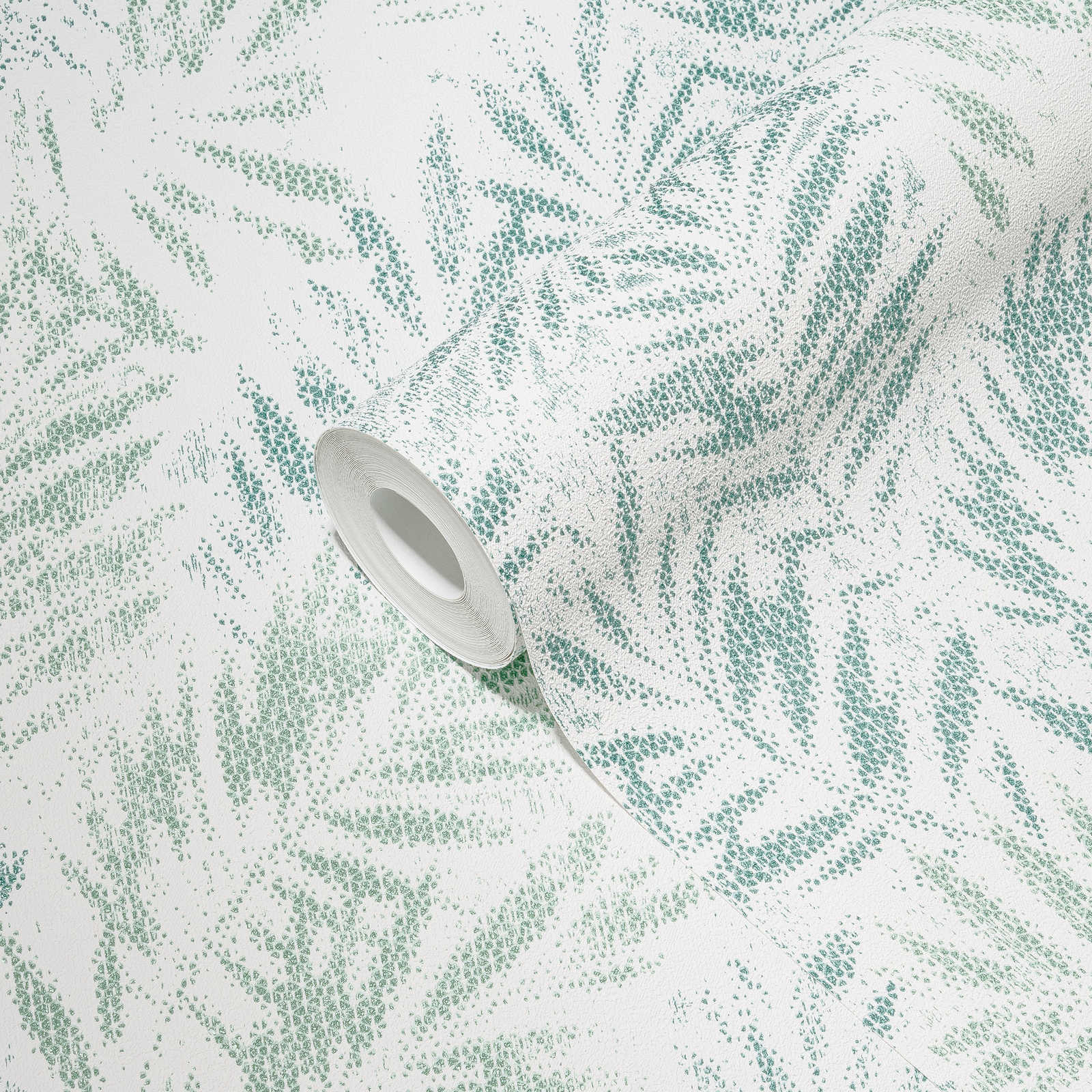             Bladpatroon behang met glanzende structuur - wit, groen
        