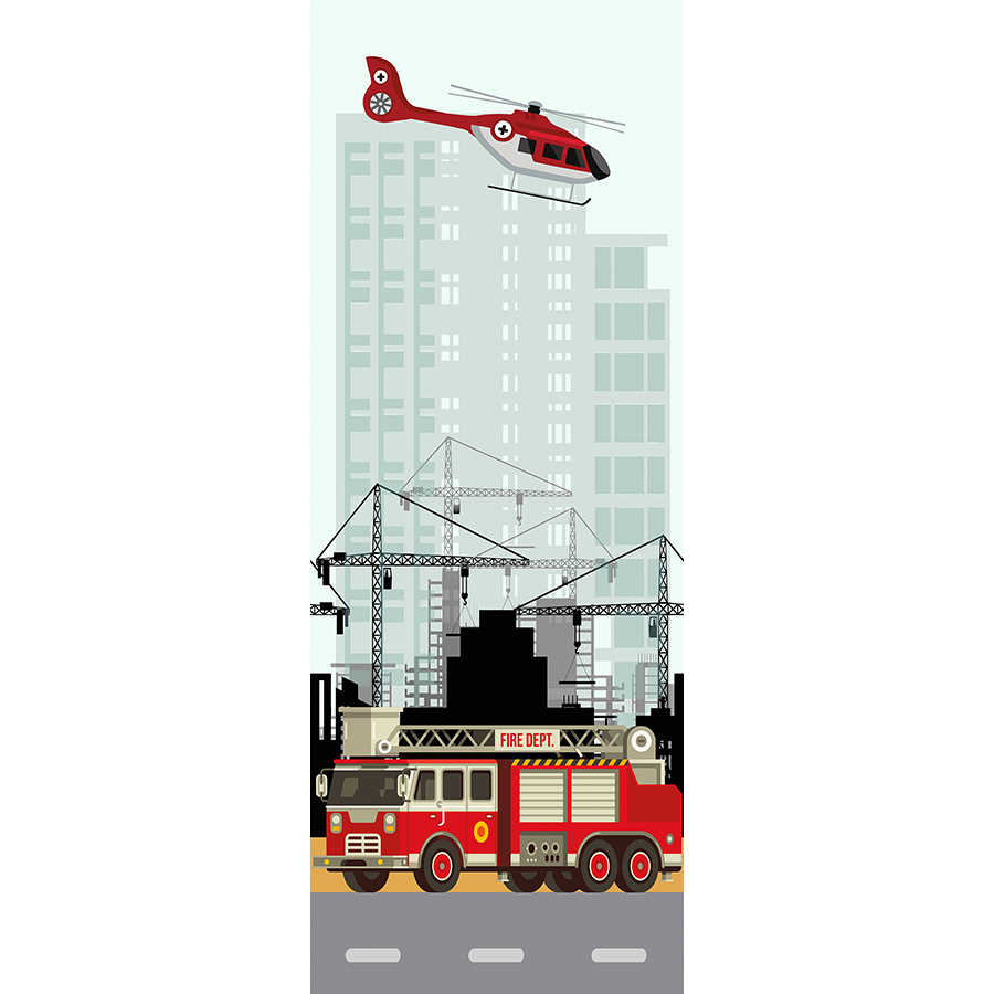 Mural de la ciudad con camión de bomberos y helicóptero en rojo y blanco sobre vinilo texturizado
