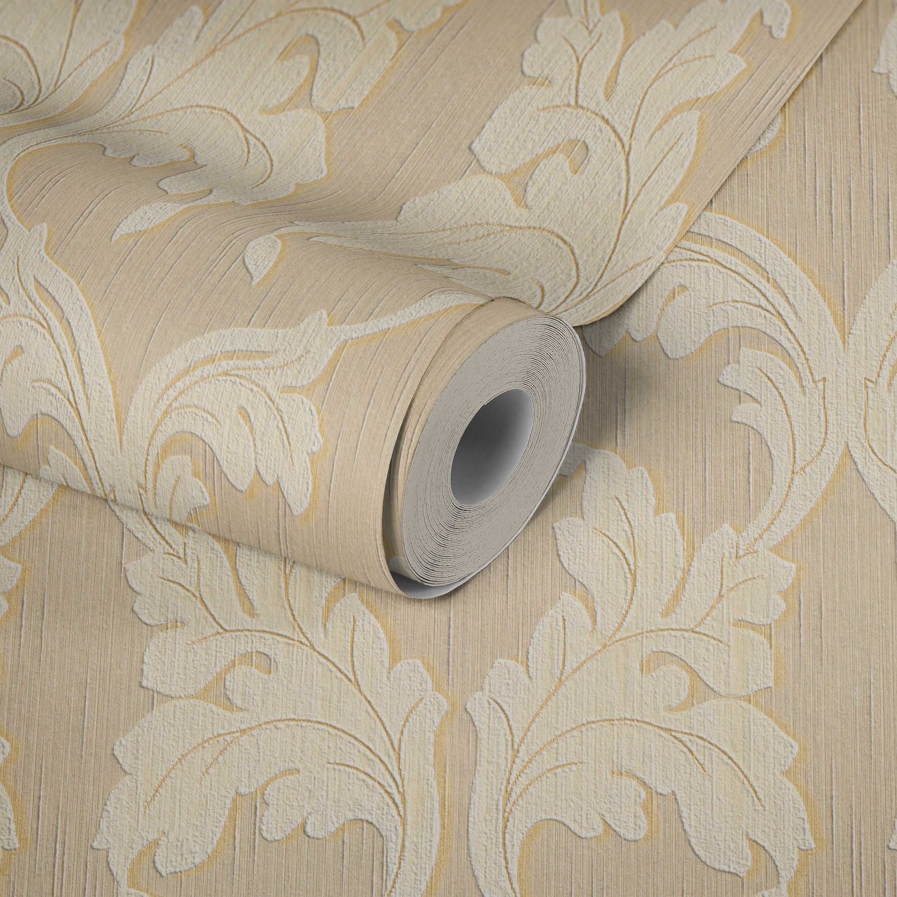            Textile wallpaper with baroque tendrils - beige, yellow
        