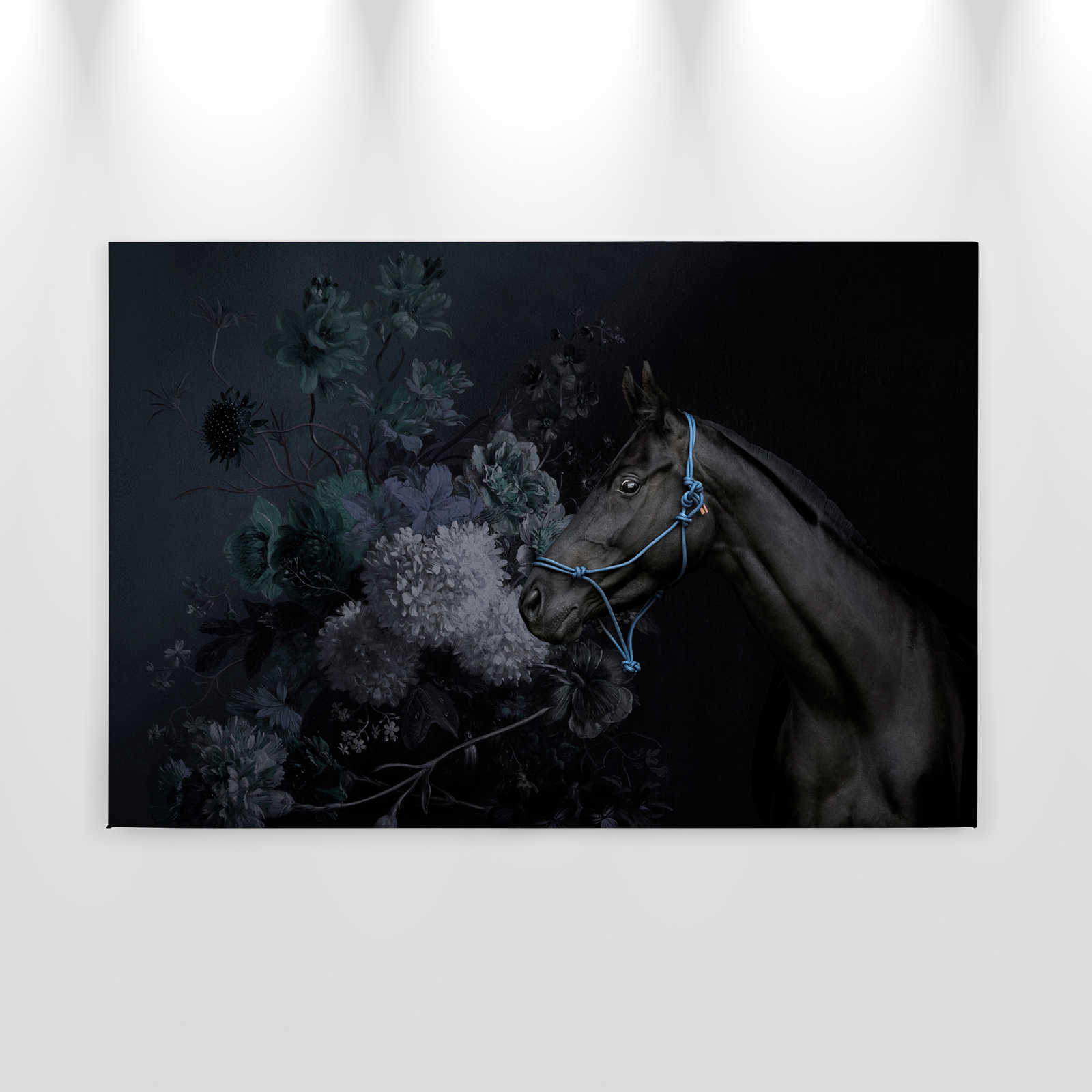             Paarden Portretstijl Canvas Schilderij met Bloemrijk - 0,90 m x 0,60 m
        