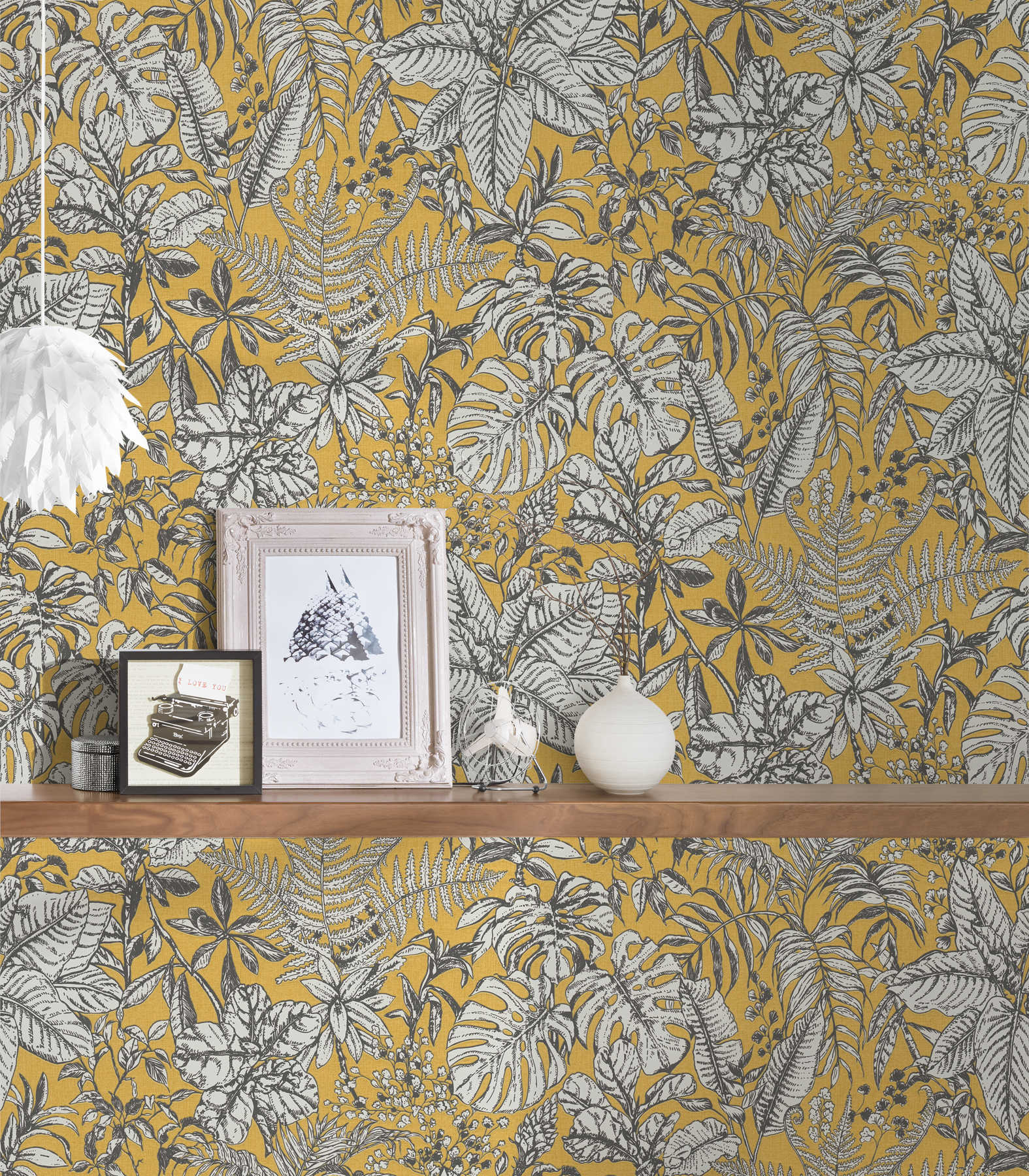             Non-woven wallpaper jungle, monstera leaves & ferns - yellow, white, grey
        