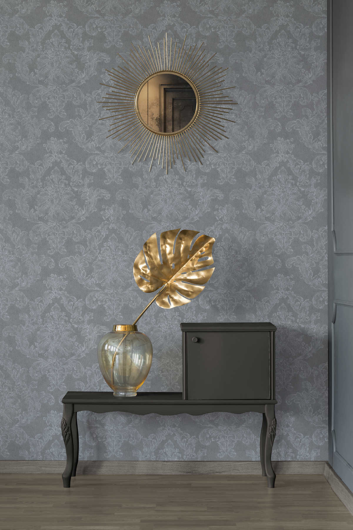             Ornament wallpaper in country style with textile look - grey, white
        