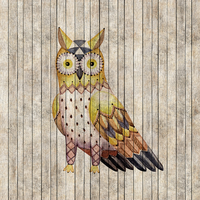 Fairy tale 1 - Wooden board wall with owl photo wallpaper - Beige, Brown | Matt smooth fleece
