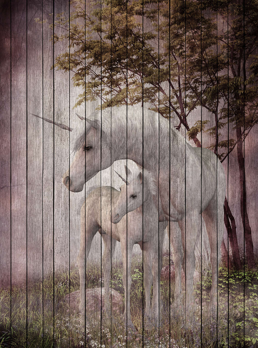             Fantasy 4 - Unicorn & Wood Optic Wallpaper - Beige, Pink | Pearl Smooth Non-woven
        