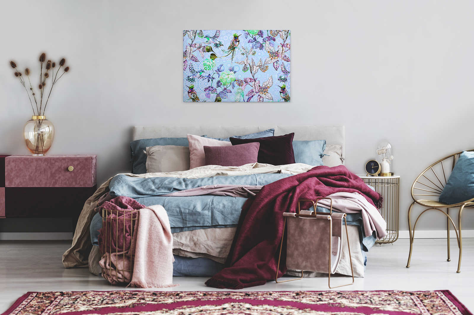             Tableau toile Fleurs & oiseaux style mosaïque - 0,90 m x 0,60 m
        