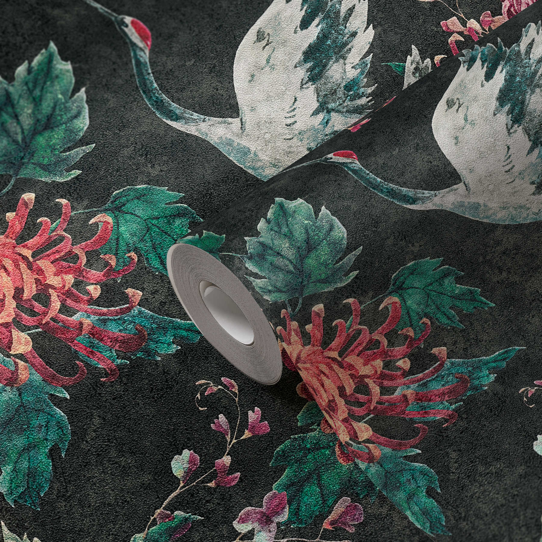             Pattern wallpaper with Asian crane and flower motif - black, red, green
        