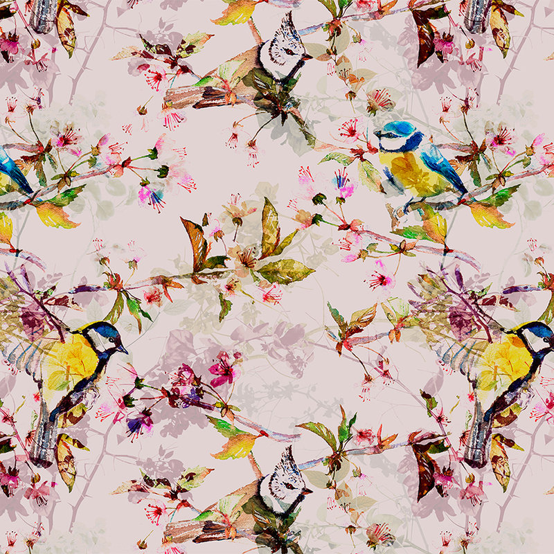         Birds collage style mural - pink, yellow
    