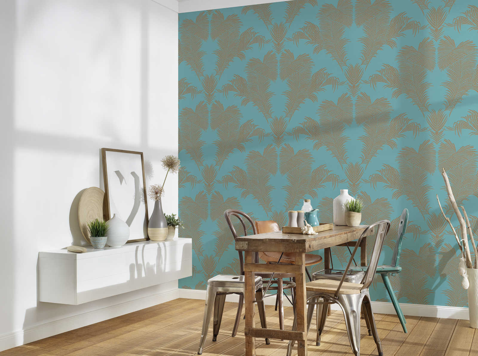             Turquoise non-woven wallpaper with leaf motif in metallic gold
        