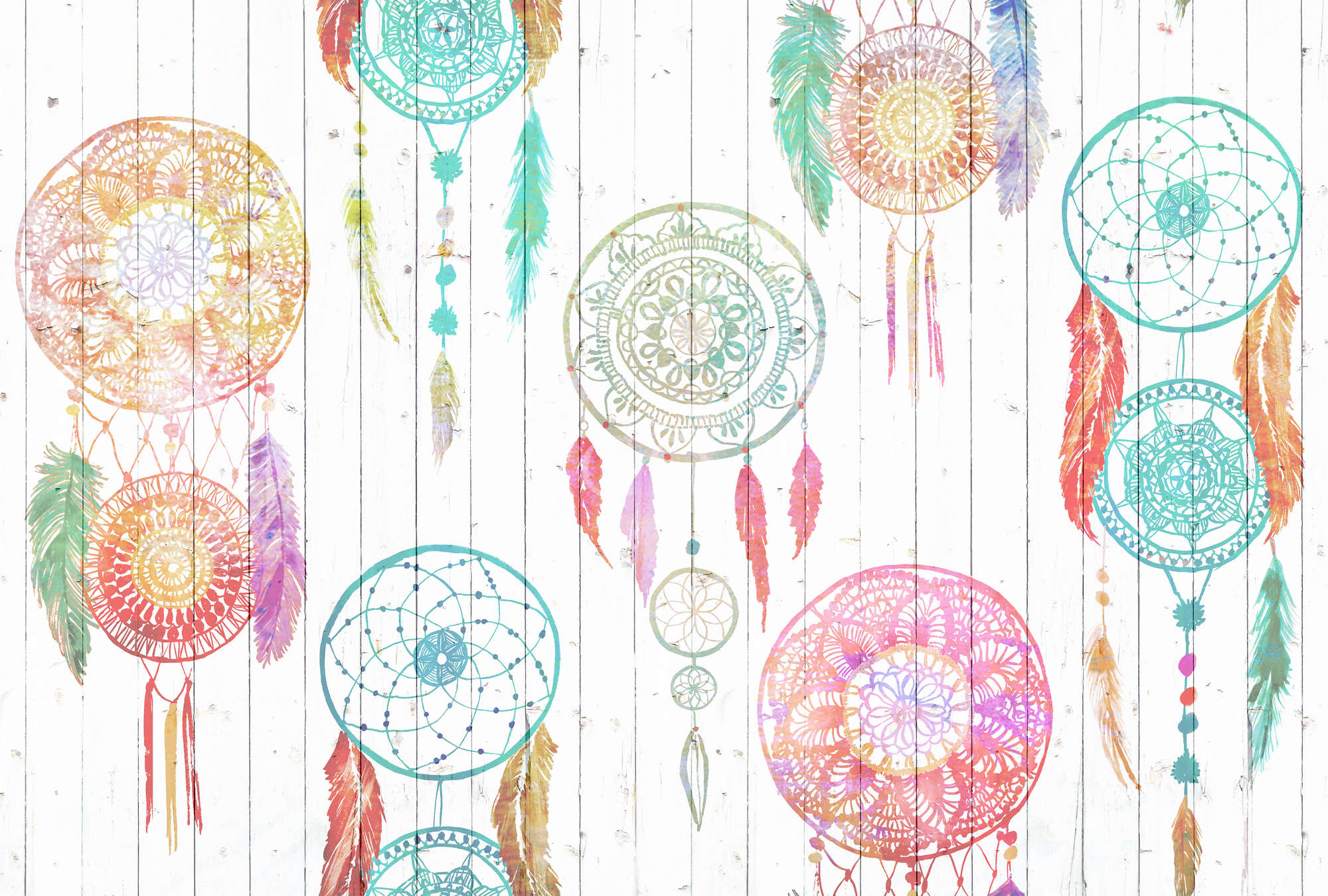             Boho mural with dream catcher & wood look - colourful, white, red
        