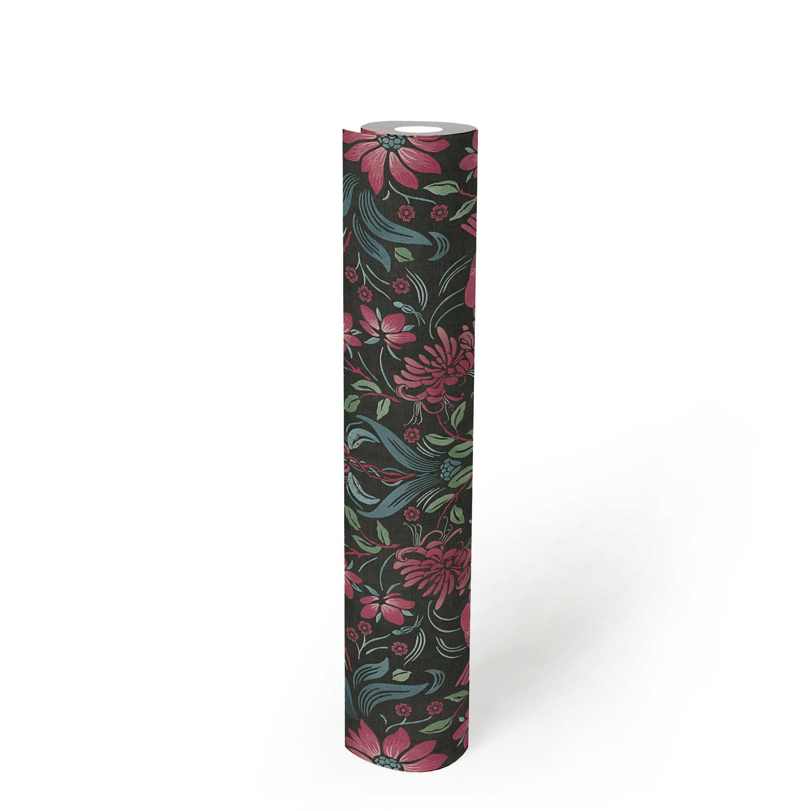             Papel pintado floral con pájaros - negro, rosa, azul
        