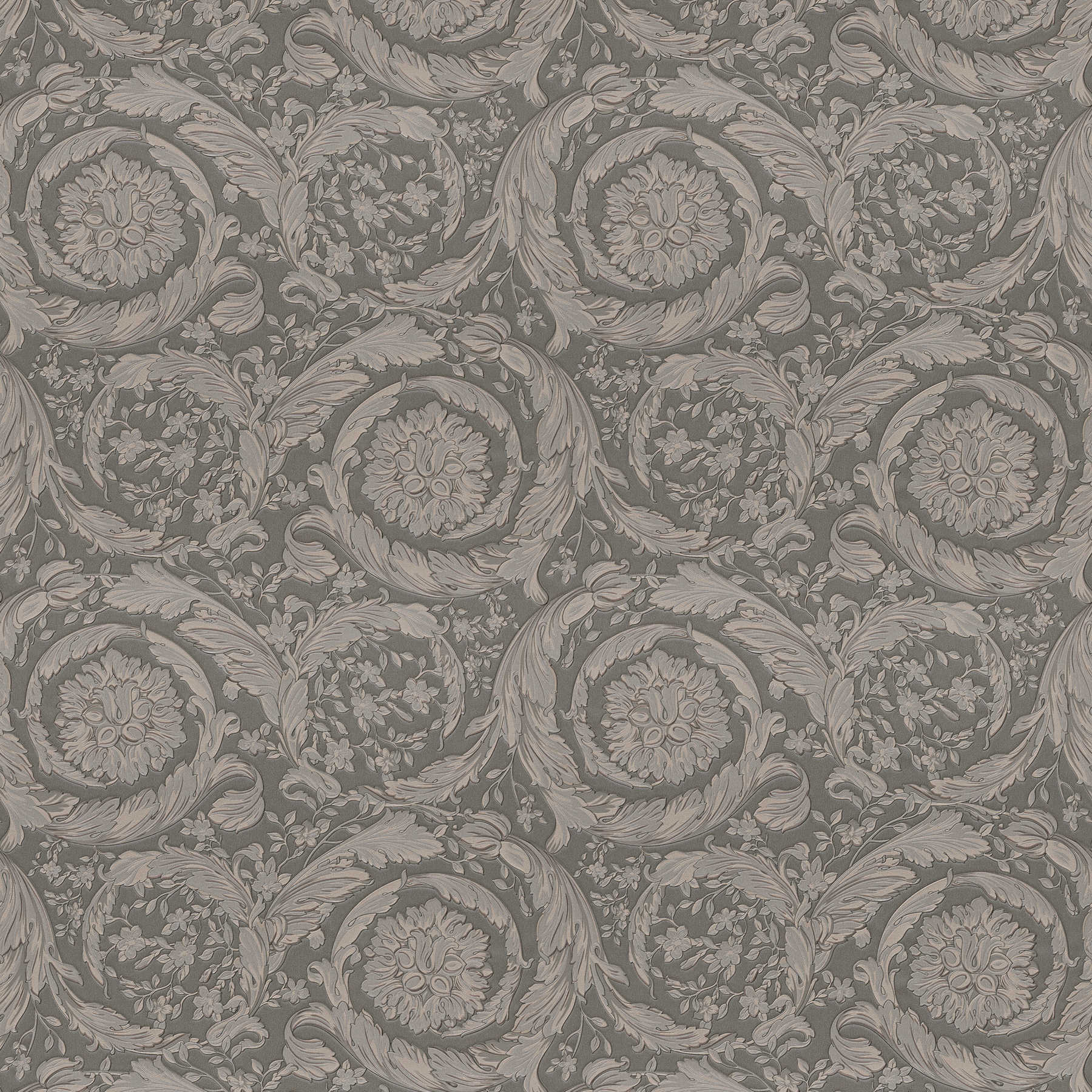 Non-woven wallpaper VERSACE ornament pattern floral - grey, metallic
