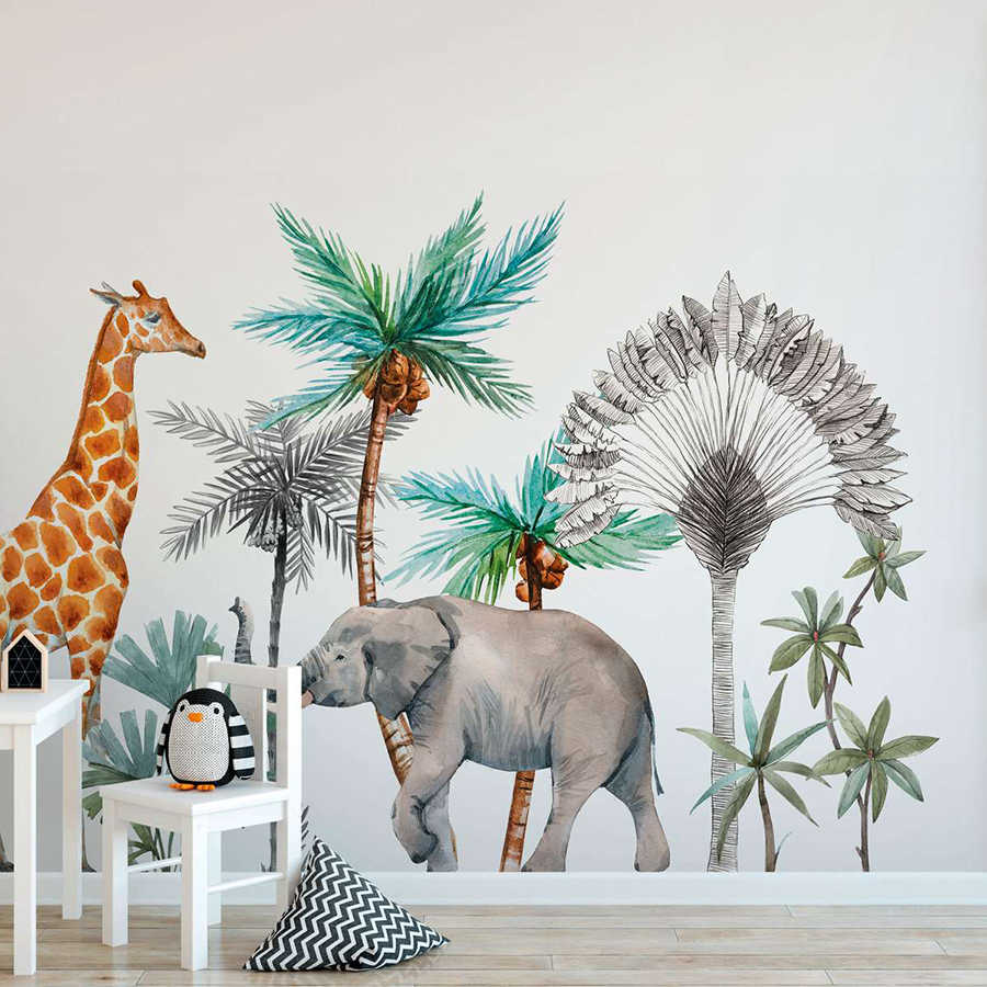 Papier peint panoramique pour chambre d'enfant avec animaux et arbres - blanc, vert, gris
