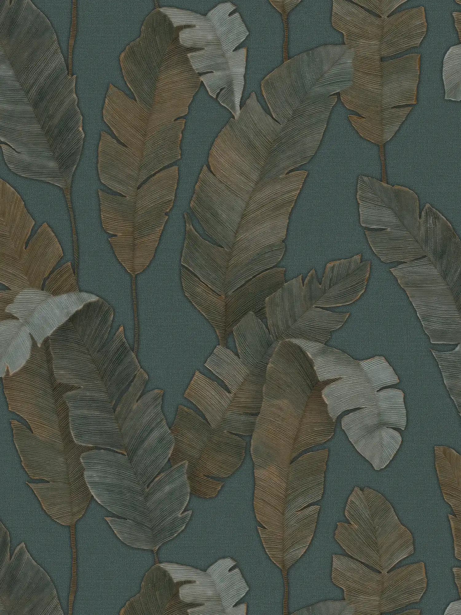 Vliesbehang met grote palmbladeren in donkere kleur - petrol, groen, bruin

