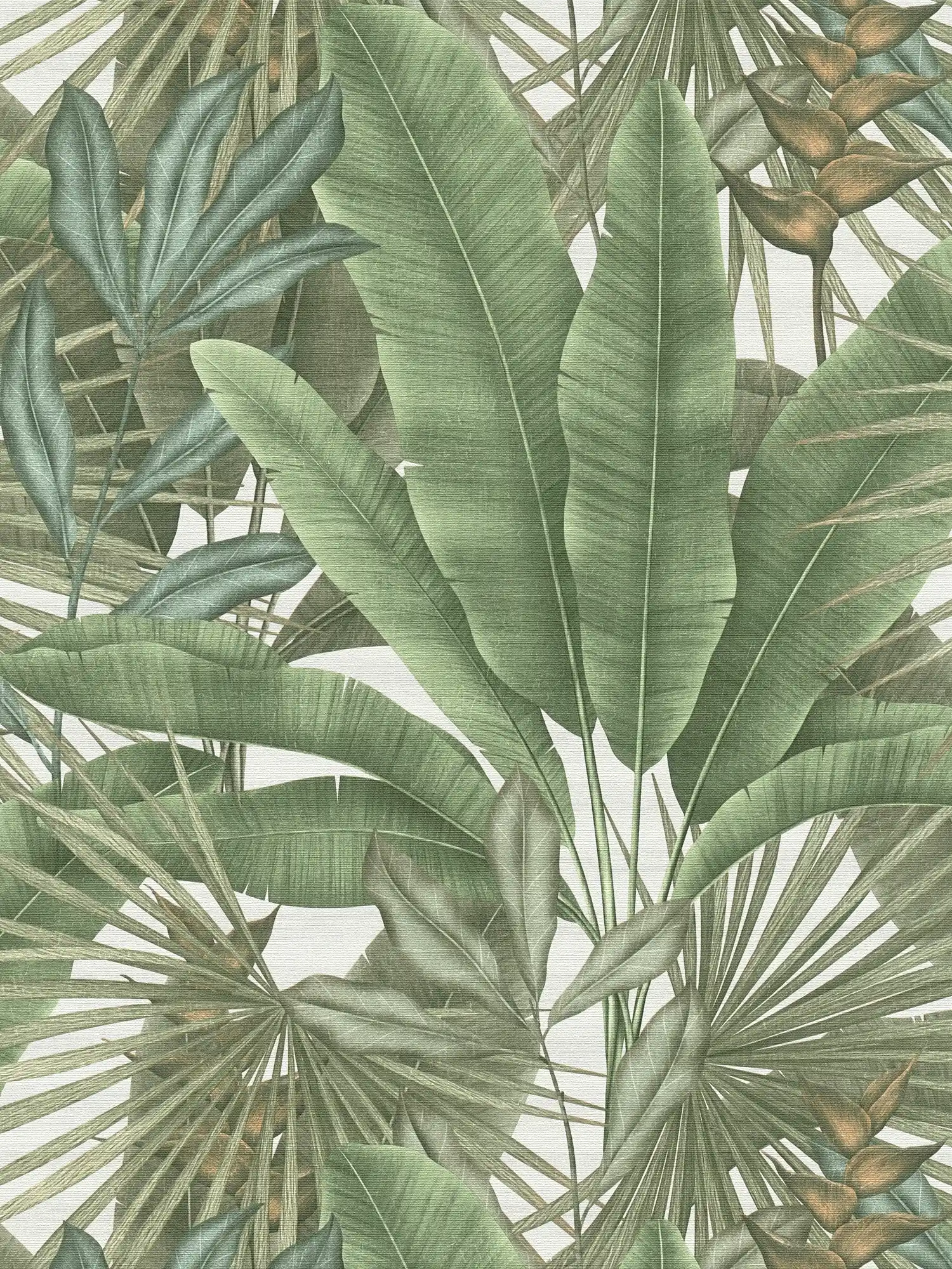 Bloemrijk jungle behang licht gestructureerd met grote bladeren - groen, wit, beige
