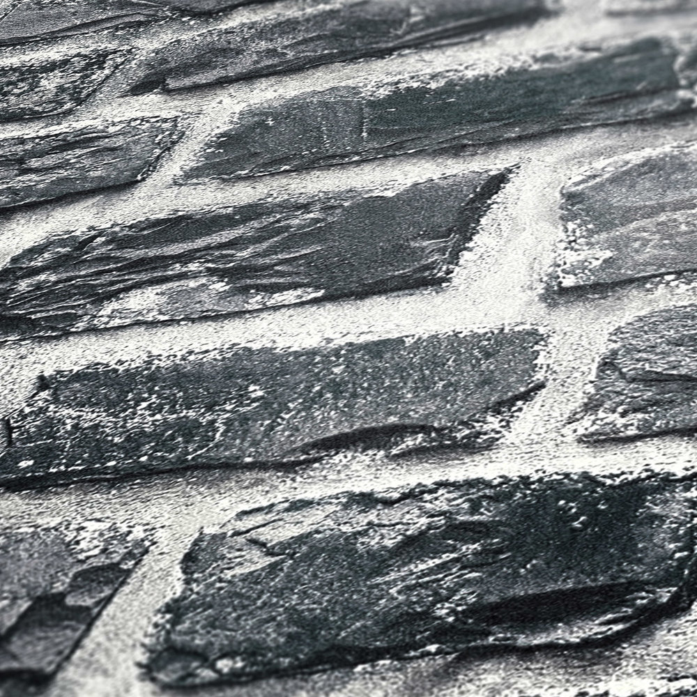             Papel pintado con aspecto de piedra de cantera, piedra natural - gris, negro
        