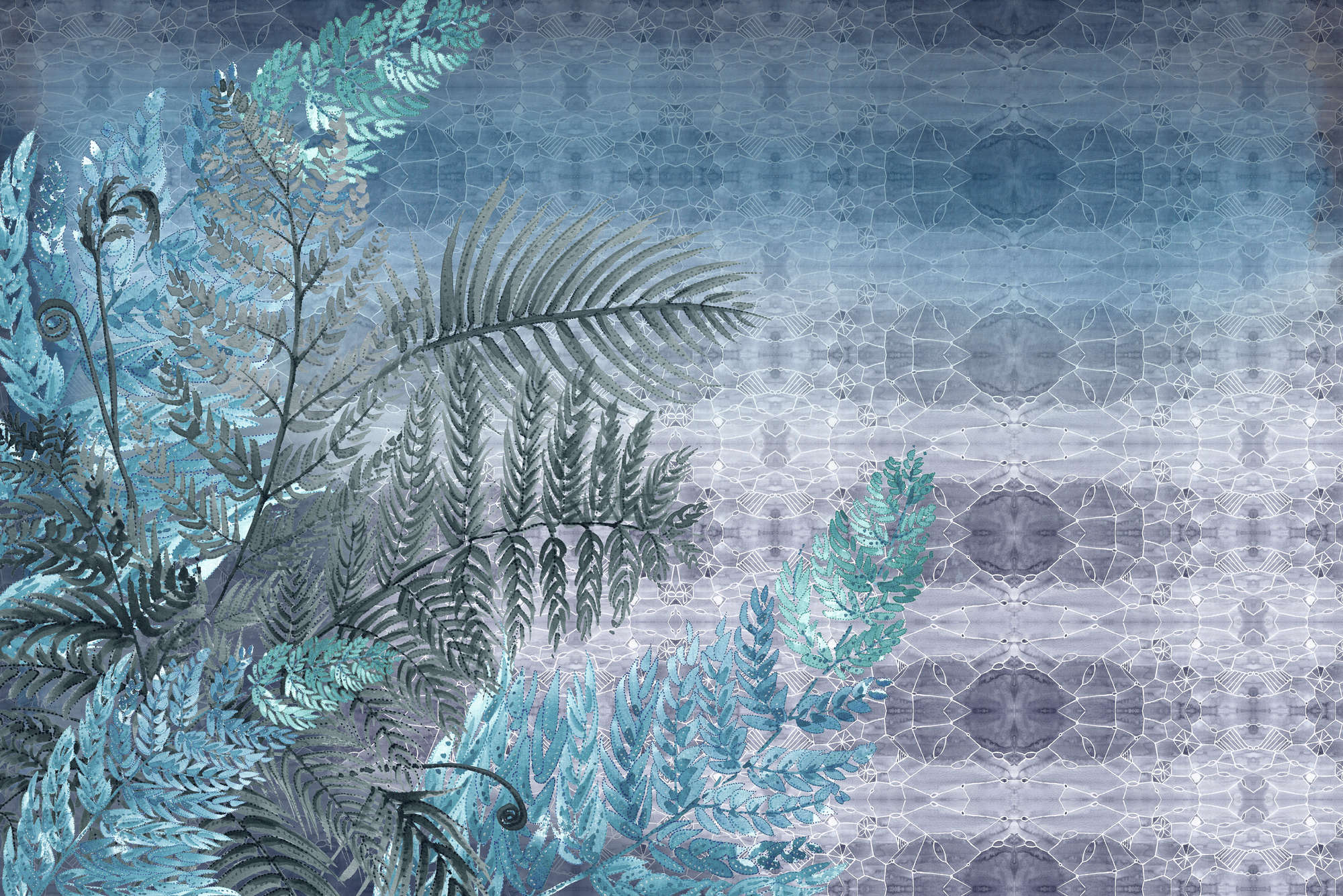             Watercolour photo wallpaper fern pattern in blue and purple on textured non-woven
        