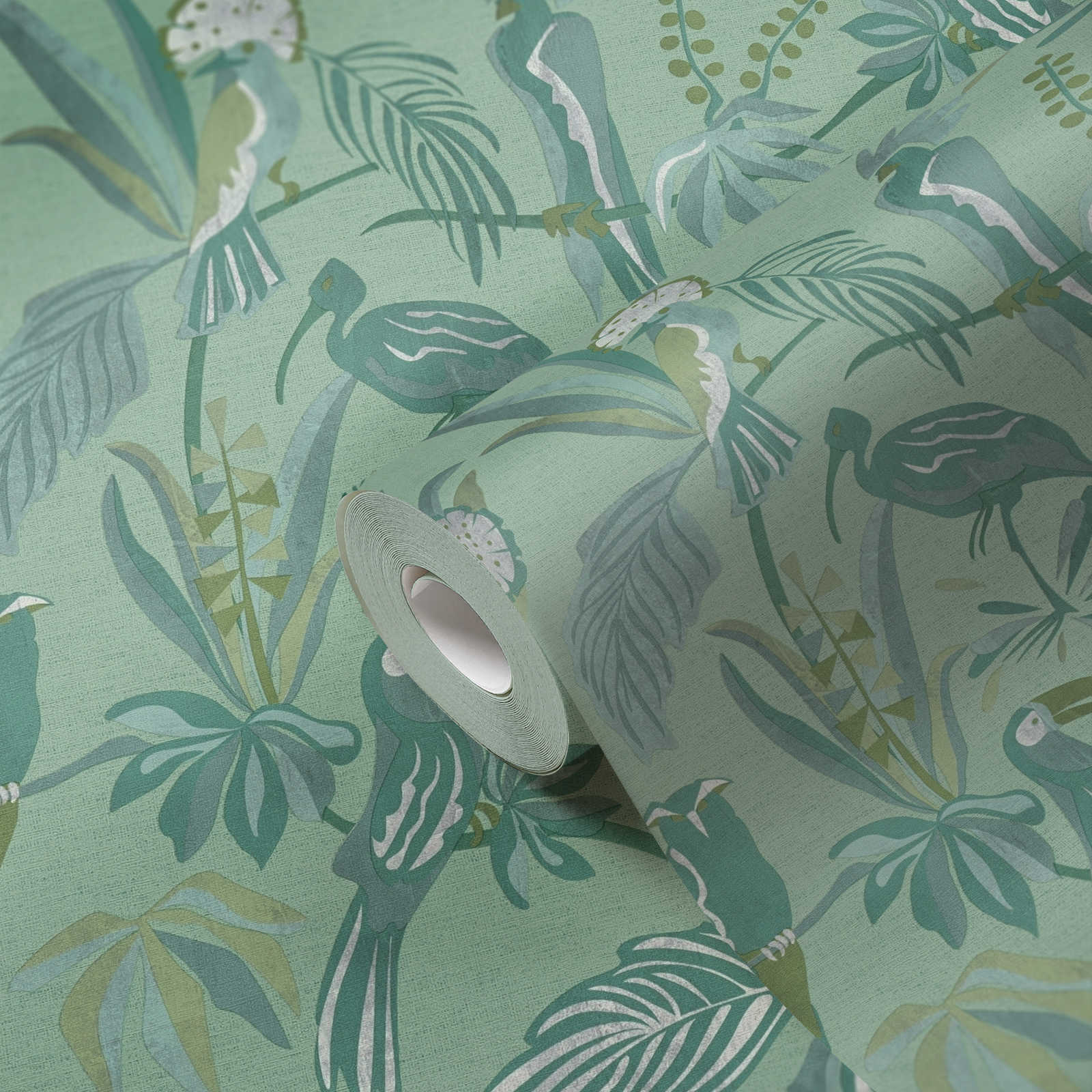             Papier peint intissé motif jungle feuilles & oiseaux - vert, gris
        