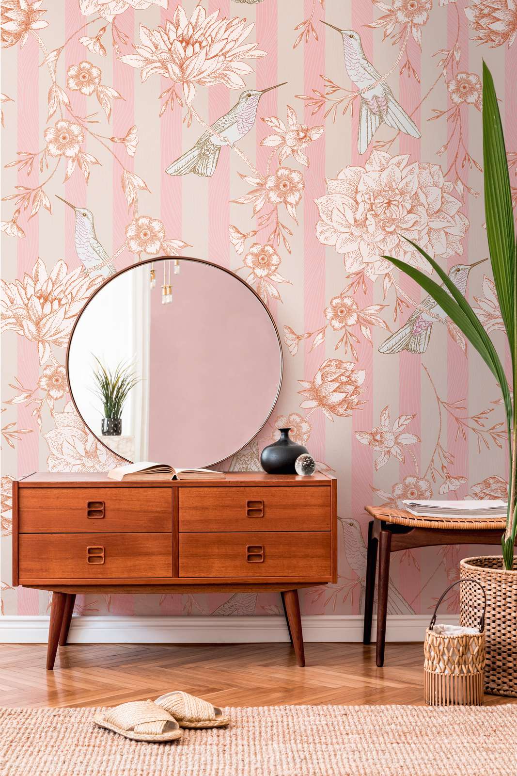             Striped wallpaper with floral motif and birds - pink, beige, orange
        