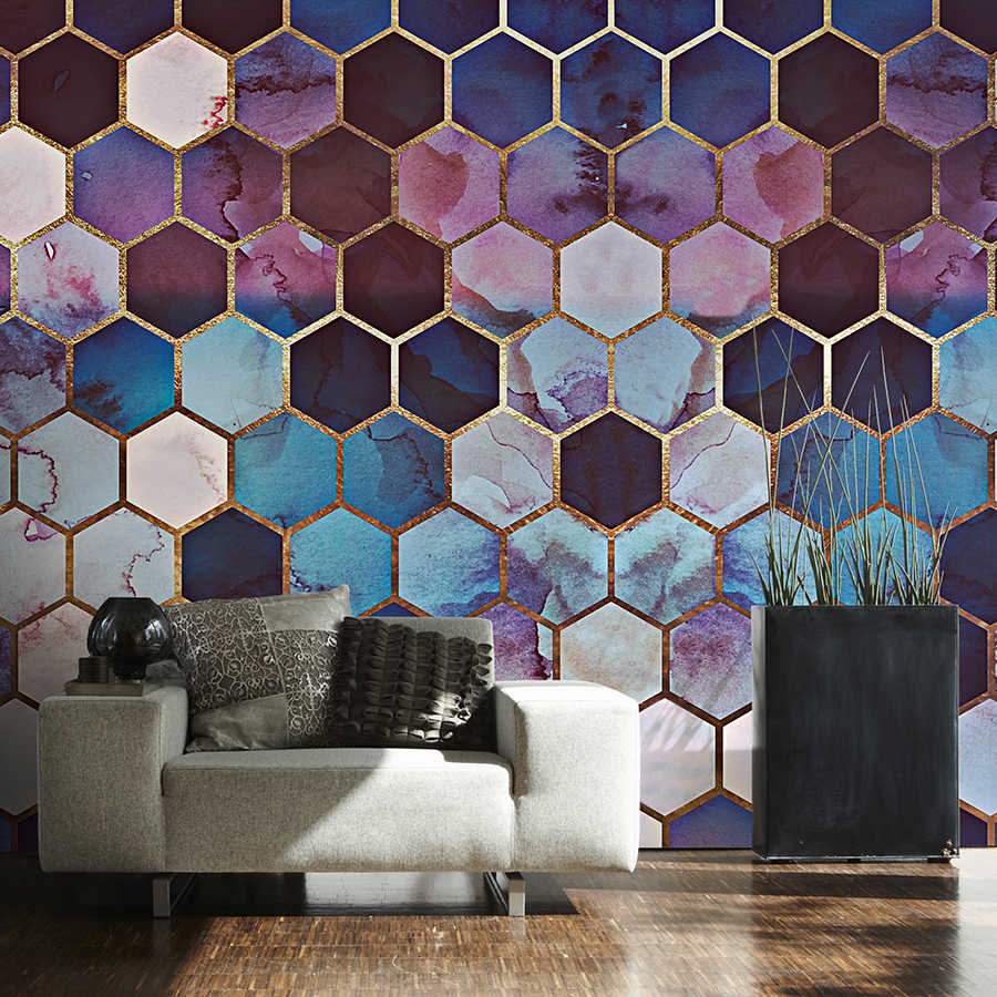 Watercolour marble mural with golden honeycomb pattern
