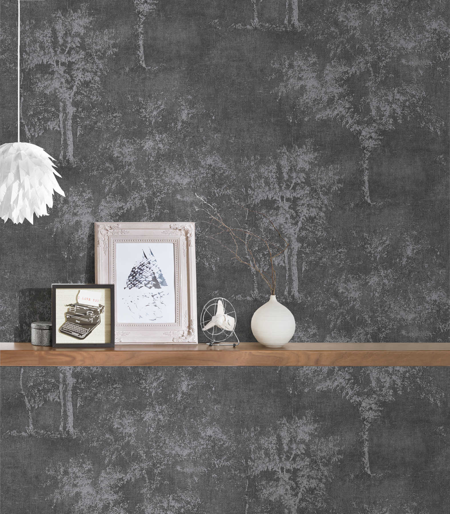             Non-woven wallpaper rustic with texture effect & tree motif - grey
        