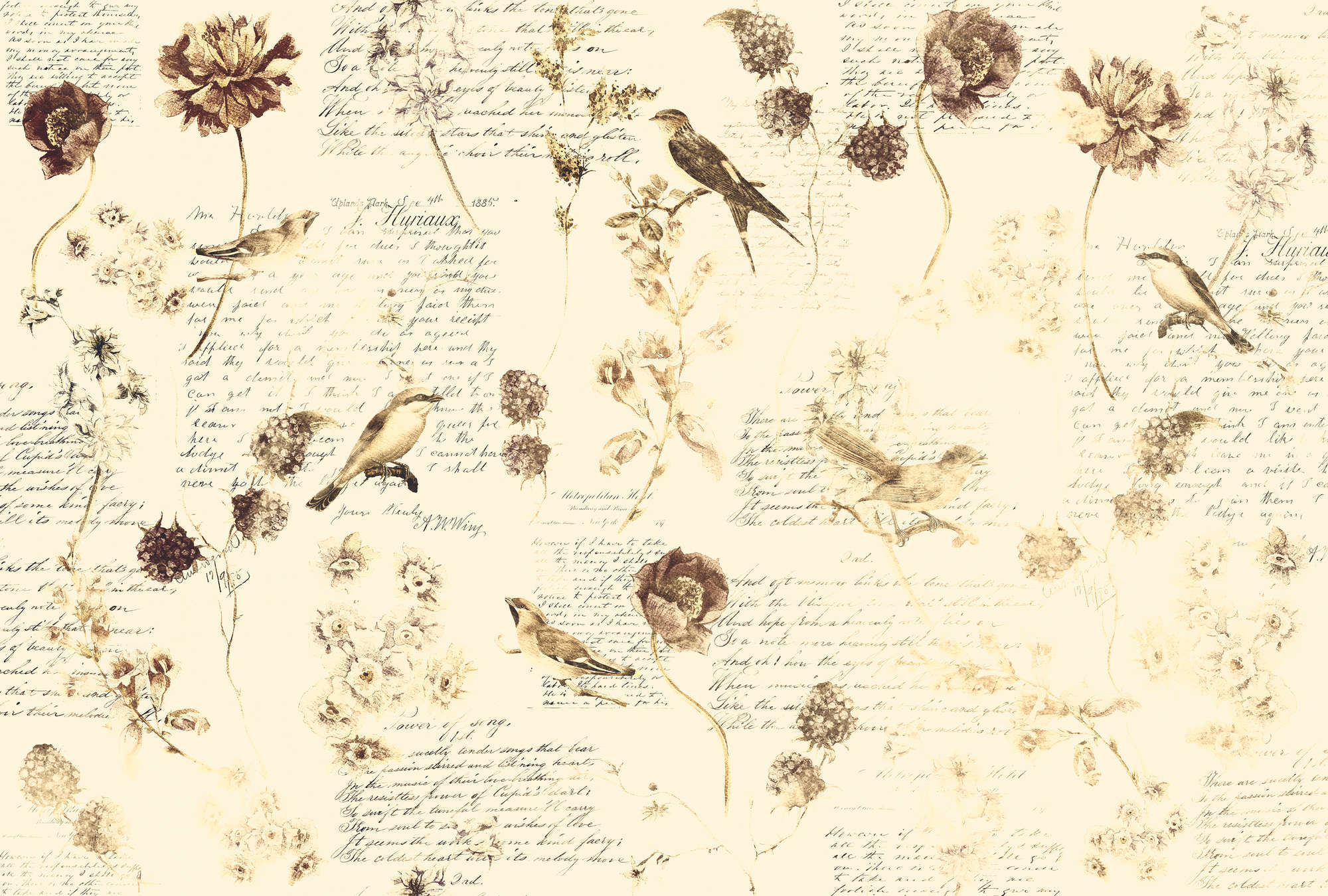             Papier peint panoramique romantique avec fleurs & décor manuscrit - crème, marron, beige
        