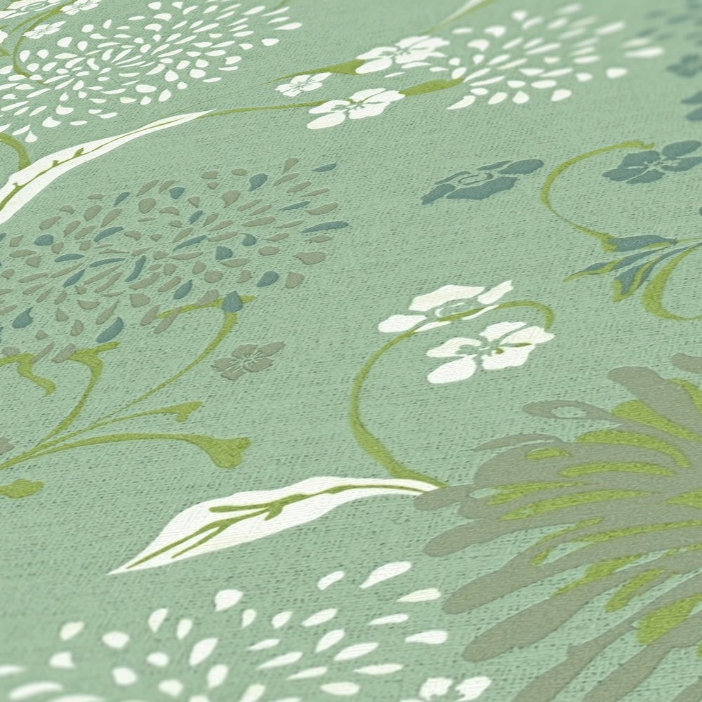             Papel pintado no tejido con motivos florales de diente de león - verde, blanco
        