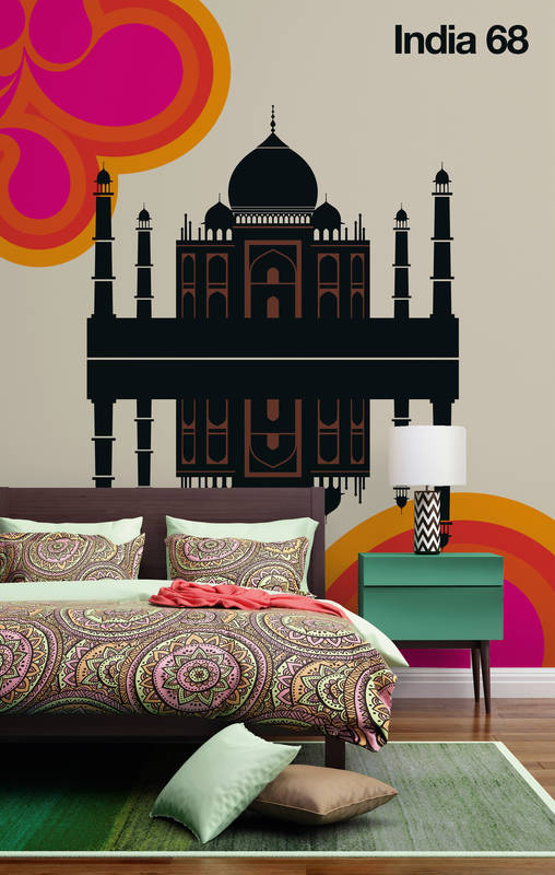             Papier peint panoramique Inde années 60 Design rétro Taj Mahal
        