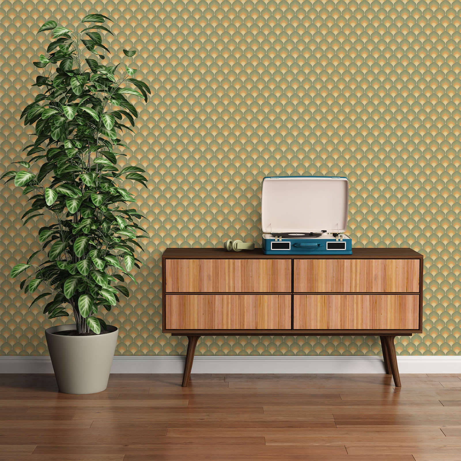             Retro style scaly pattern wallpaper - green, yellow, brown
        