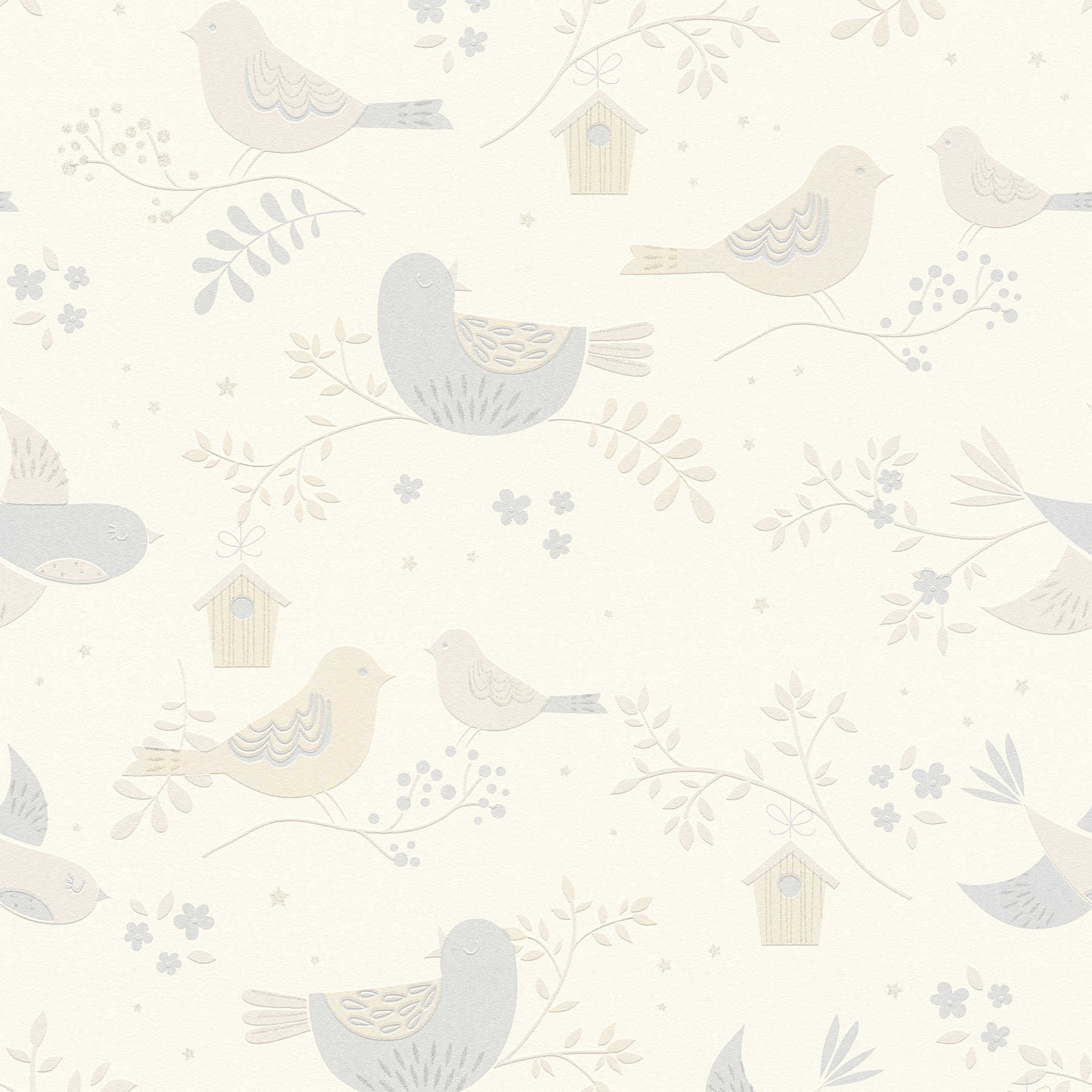         Wallpaper bird & floral pattern for baby room- Beige, Grey
    