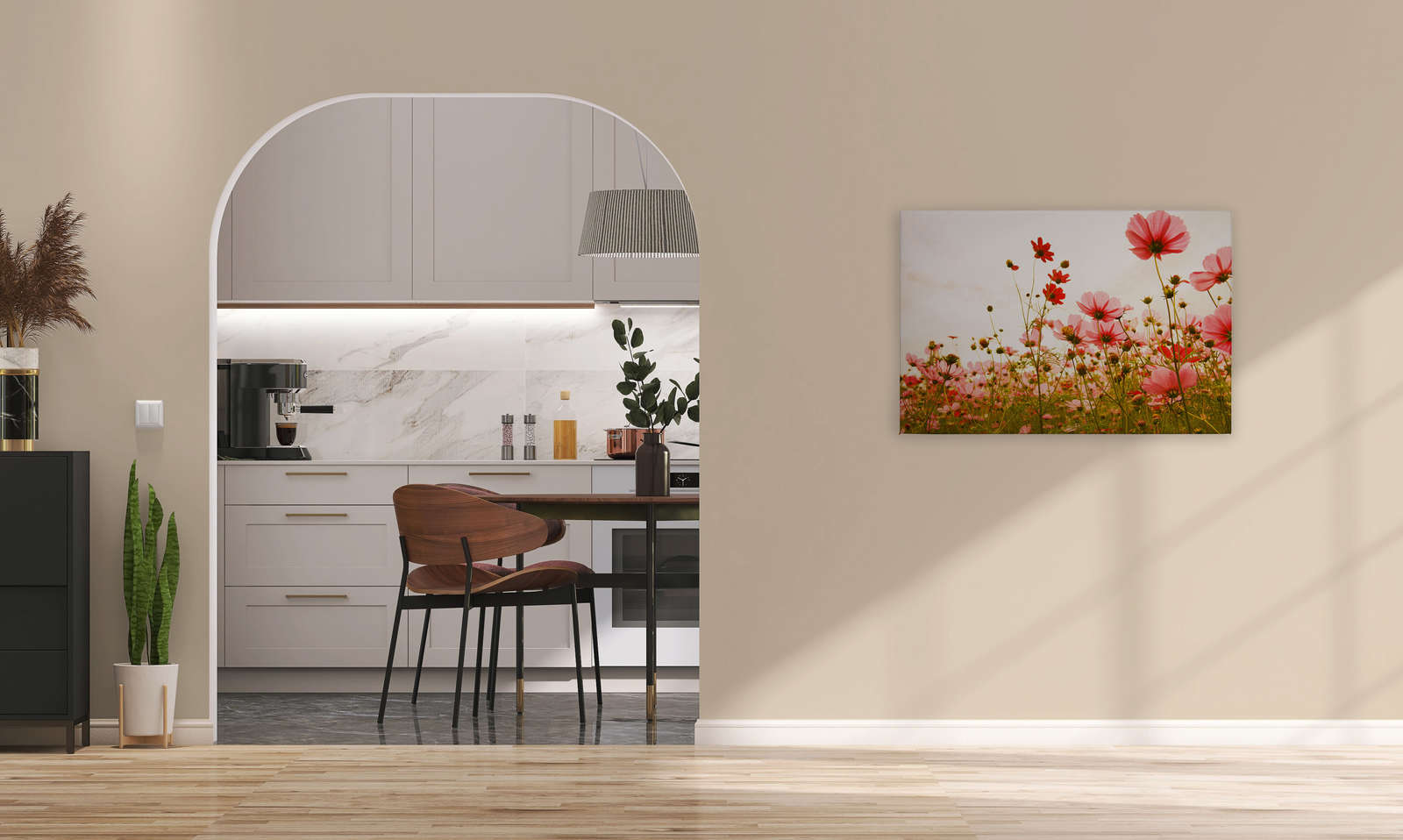             Canvas with flower meadow in spring | pink, green, white - 0.90 m x 0.60 m
        